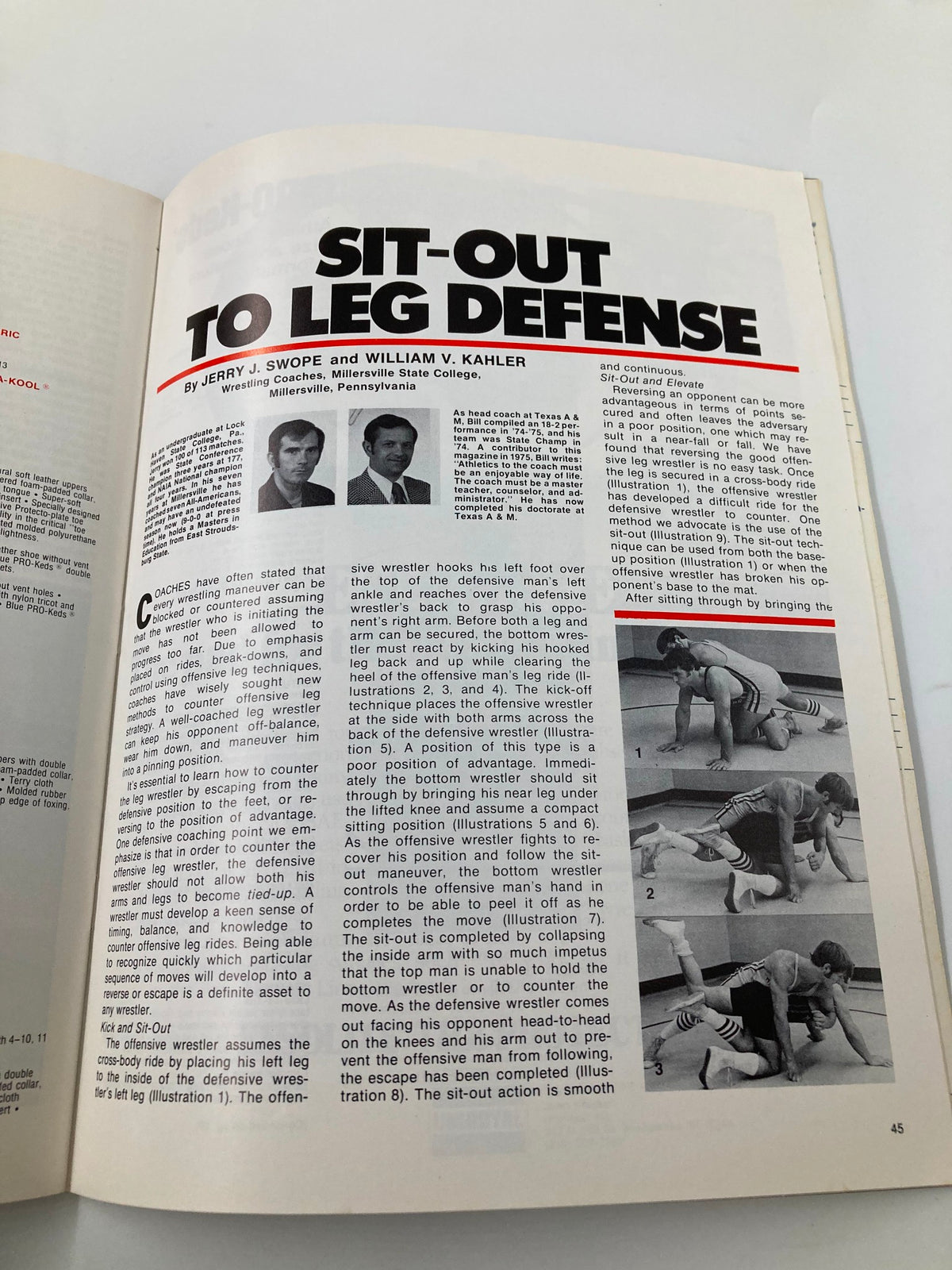 Interior page from the VTG 1977 Pro-Keds Coaches Digest featuring a detailed article titled 'Sit-Out to Leg Defense' by Jerry J. Swope and William V. Kahler, providing insights into wrestling techniques and strategies.