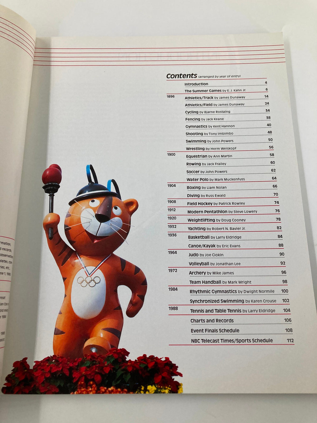 Contents page of the VTG 1988 Olympic Games Seoul Official NBC Viewer's Guide, featuring the mascot, a playful tiger, along with a list of events and sections.
