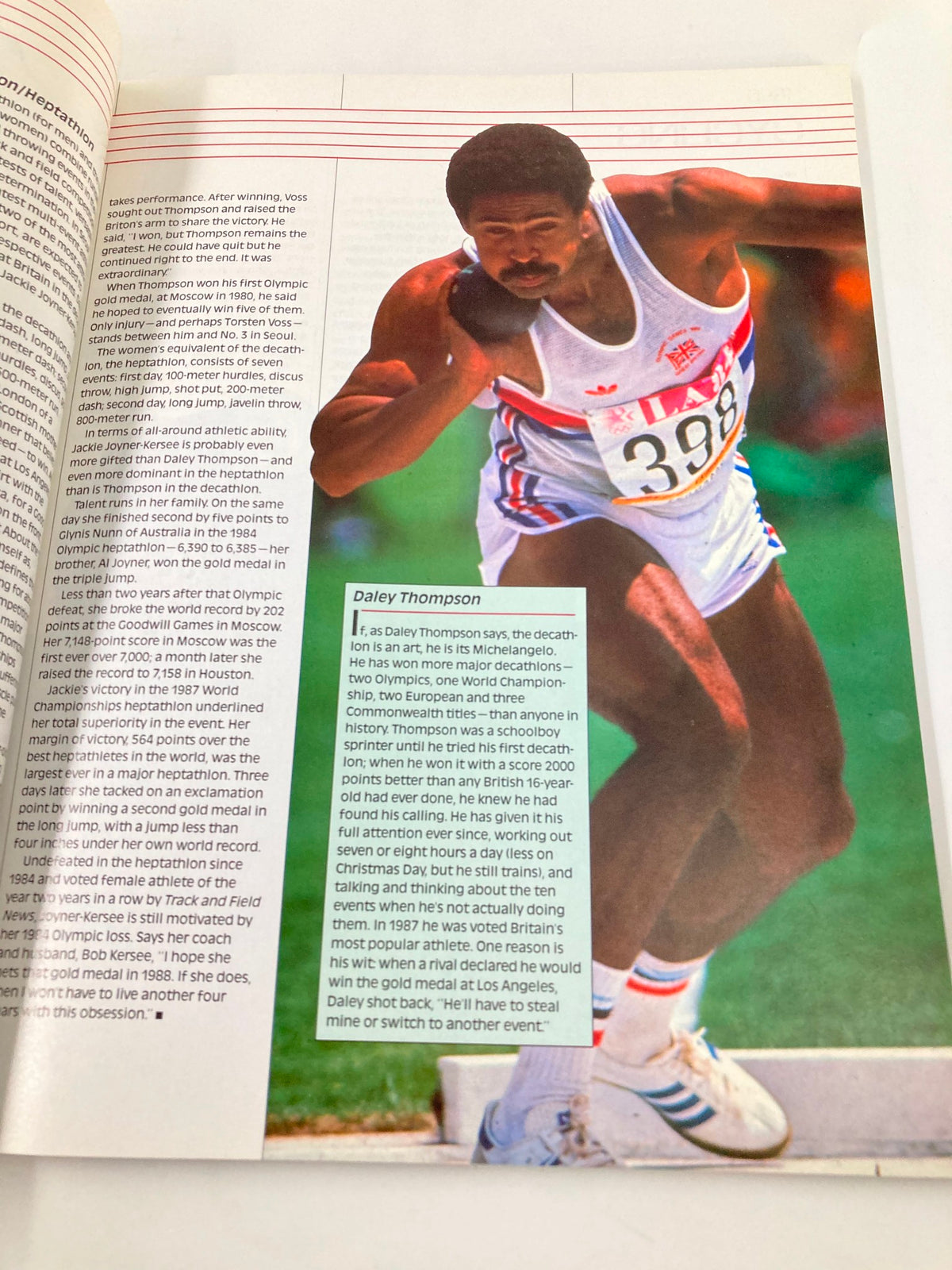 VTG 1988 Olympic Games Seoul Official NBC Viewer's Guide displaying Daley Thompson, a renowned decathlete, in full stride during an event.