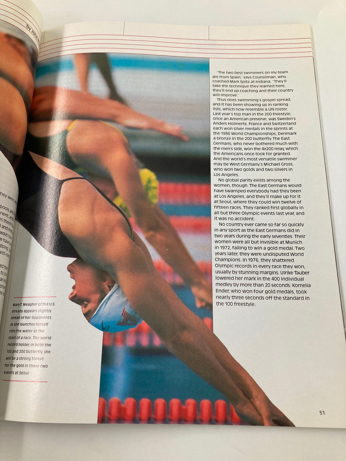 VTG 1988 Olympic Games Seoul Official NBC Viewer's Guide illustrating a female swimmer diving into the pool during a competitive swim.