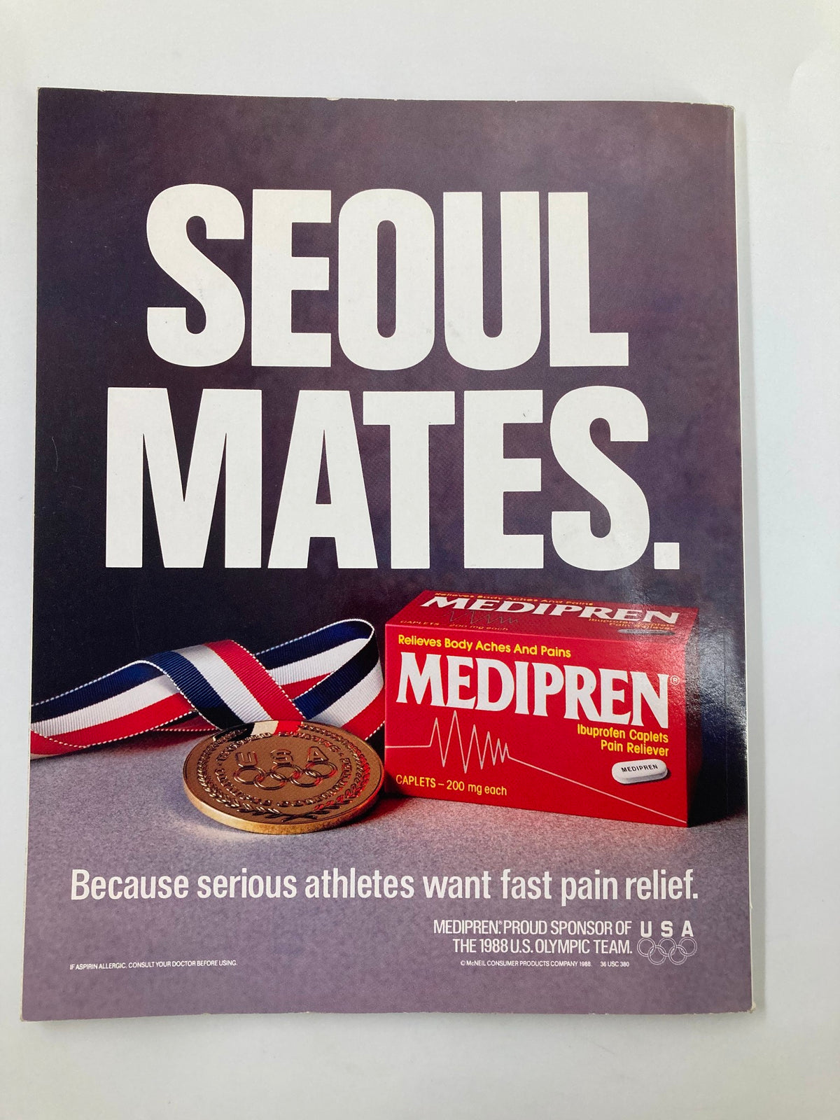 VTG 1988 Olympic Games Seoul Official NBC Viewer's Guide advertisement for Medipren pain relief, emphasizing its use for serious athletes, complemented with an Olympic medal and a vibrant Olympic theme.