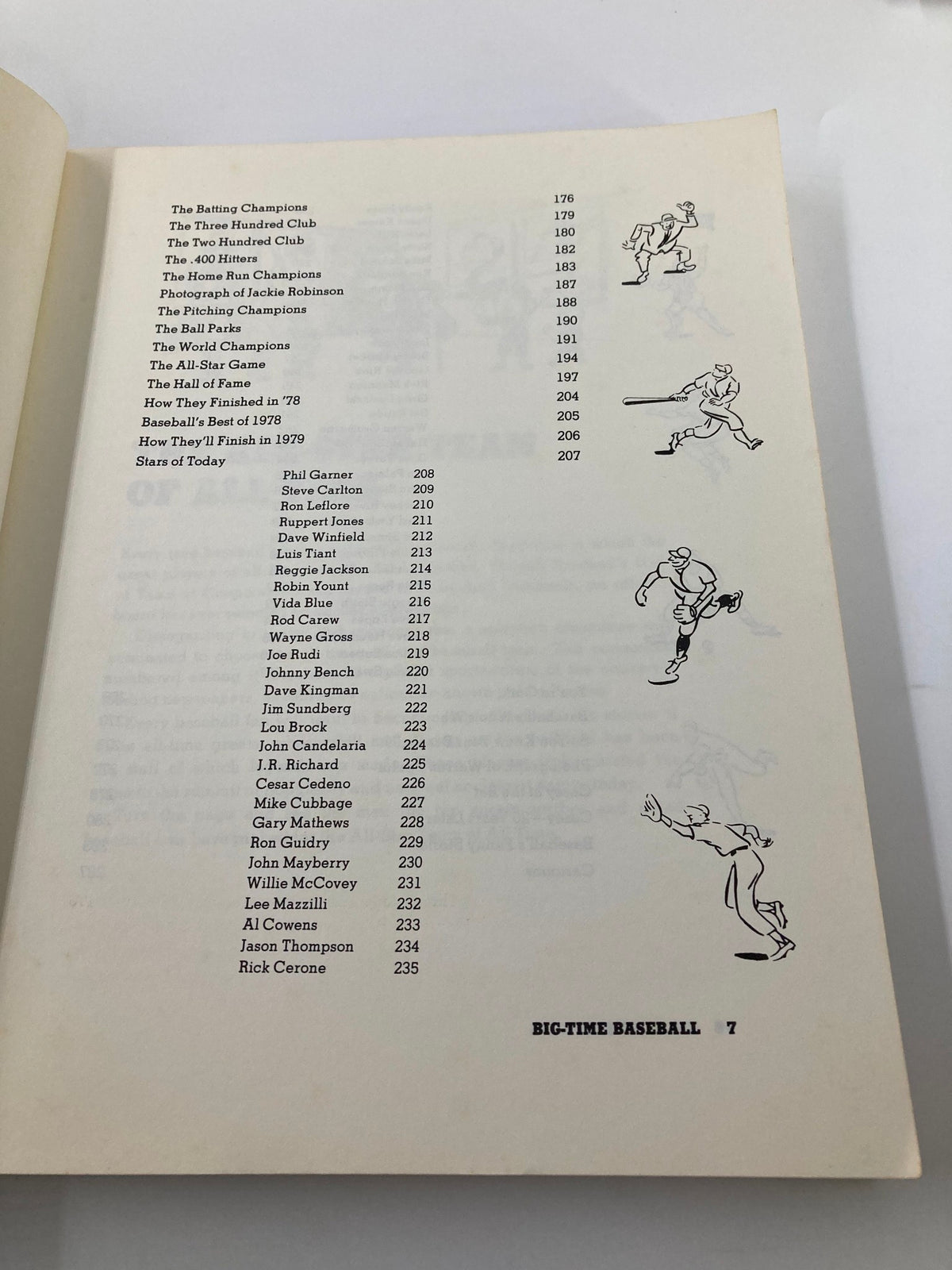 Contents page of VTG 1978 Big-Time Baseball by Maury Allen, detailing batting champions and notable players of the era.