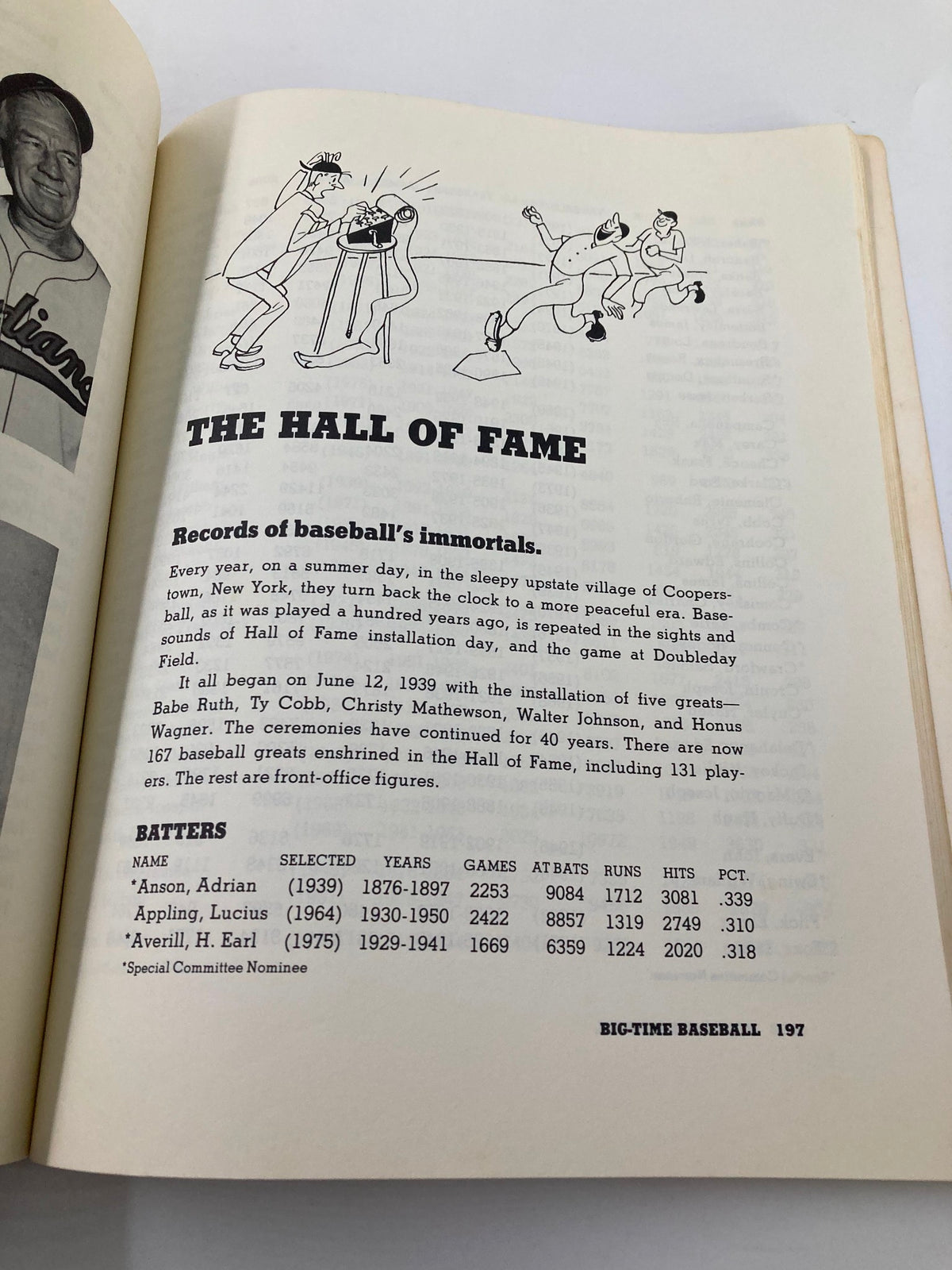 Illustration from VTG 1978 Big-Time Baseball by Maury Allen featuring the Hall of Fame records of baseball's immortals including players like Babe Ruth and Ty Cobb.