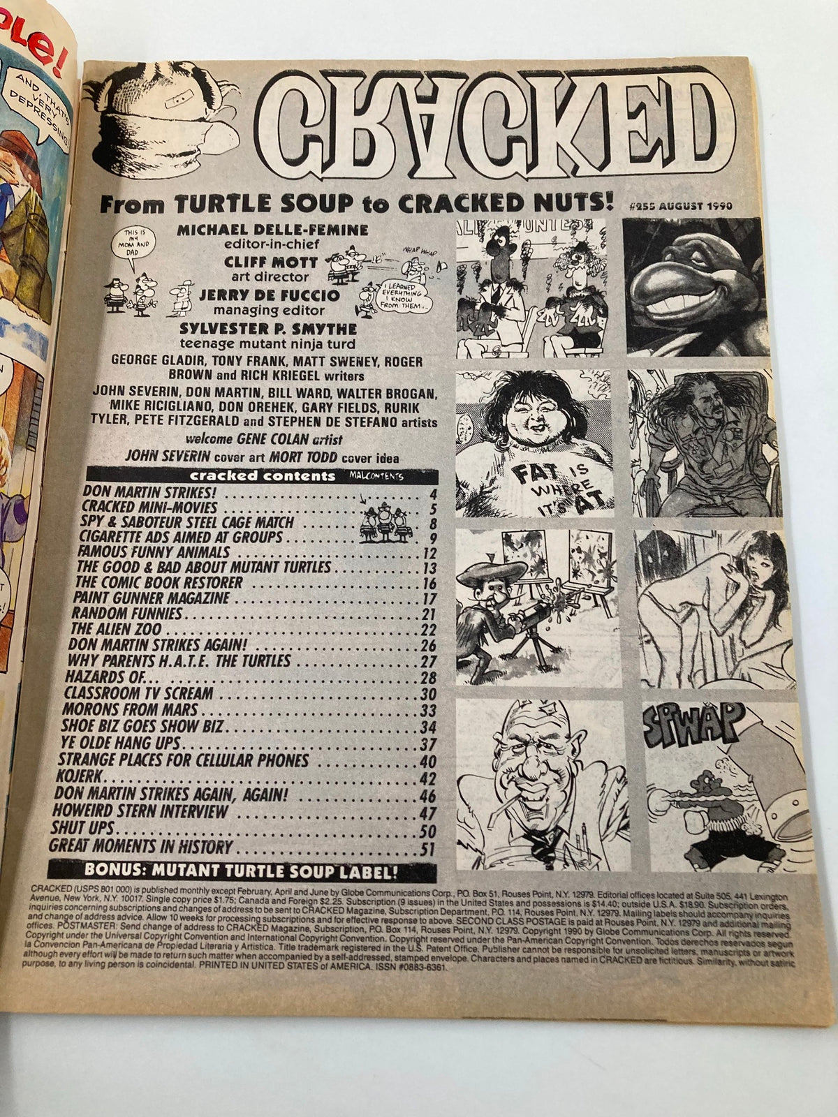 Cracked Humor Magazine August 1990 featuring Teenage Mutant Ninja Turtles on the cover, highlighting content from Turtle Soup to Cracked Nuts. Includes contributions from various artists and writers.