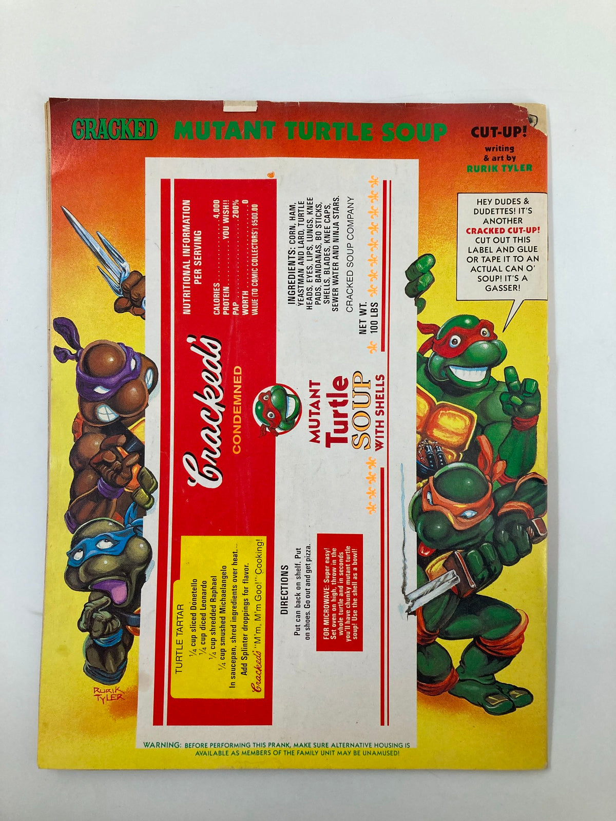 Back cover of Cracked Humor Magazine August 1990 showcasing a humorous Mutant Turtle Soup label with cartoon turtles and cooking instructions, reinforcing the comedic theme of the magazine.