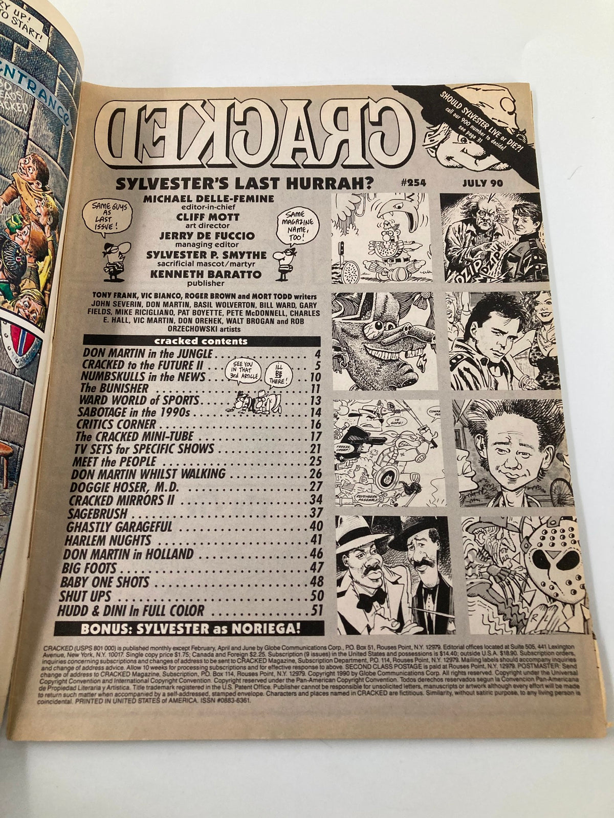 Interior page of the Cracked Humor Magazine July 1990 featuring the table of contents and articles including "Sylvester's Last Hurrah?" with humorous illustrations and signature Cracked style.