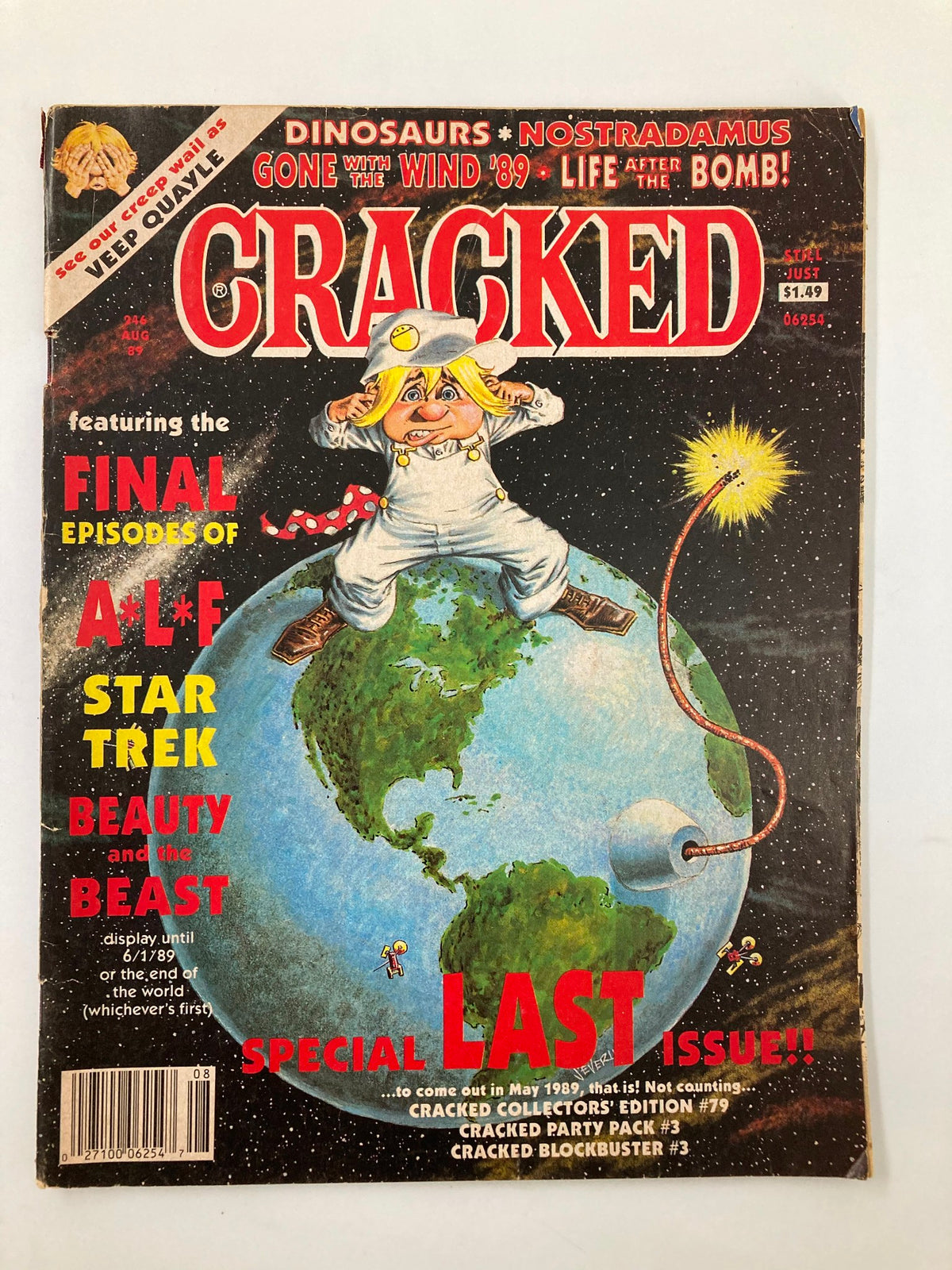 Cracked Humor Magazine August 1989 cover featuring the final episodes of ALF along with humorous cartoons, vibrant colors, and iconic design from the late 80s.