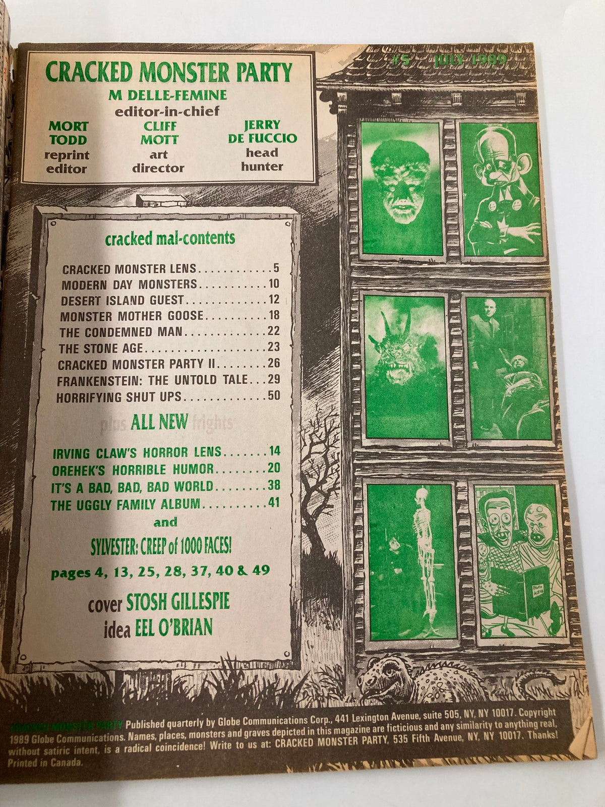 Inside page of Cracked Humor Magazine July 1989 displaying the table of contents for the Cracked Monster Party issue.