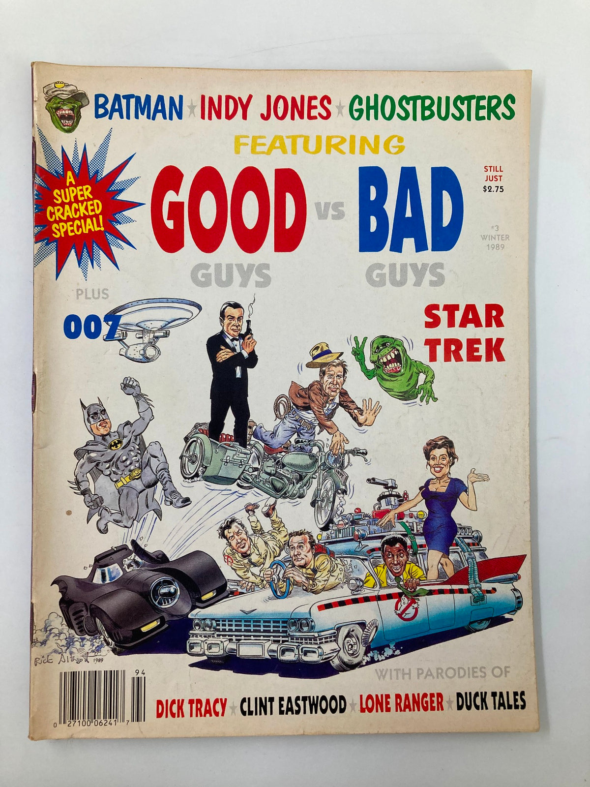 Cover of Super Cracked Humor Magazine #3 from 1989 featuring Batman, Indiana Jones, and Ghostbusters in a humorous depiction of Good vs Bad guys.