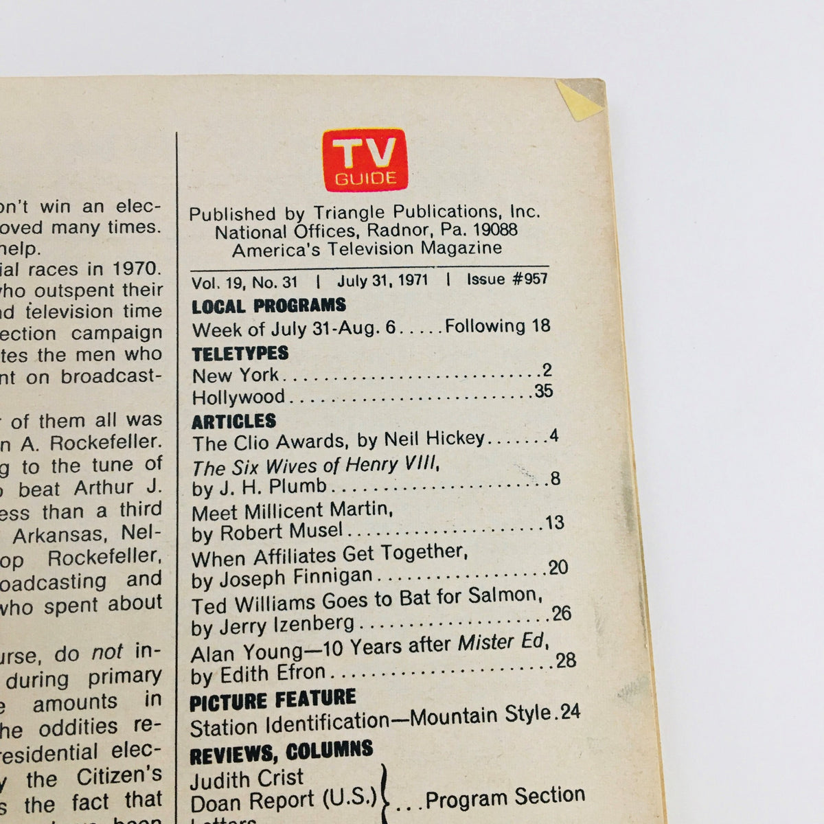 Inside page of TV Guide July 31 1971 #957 detailing local programs and articles including The Six Wives of Henry VIII.
