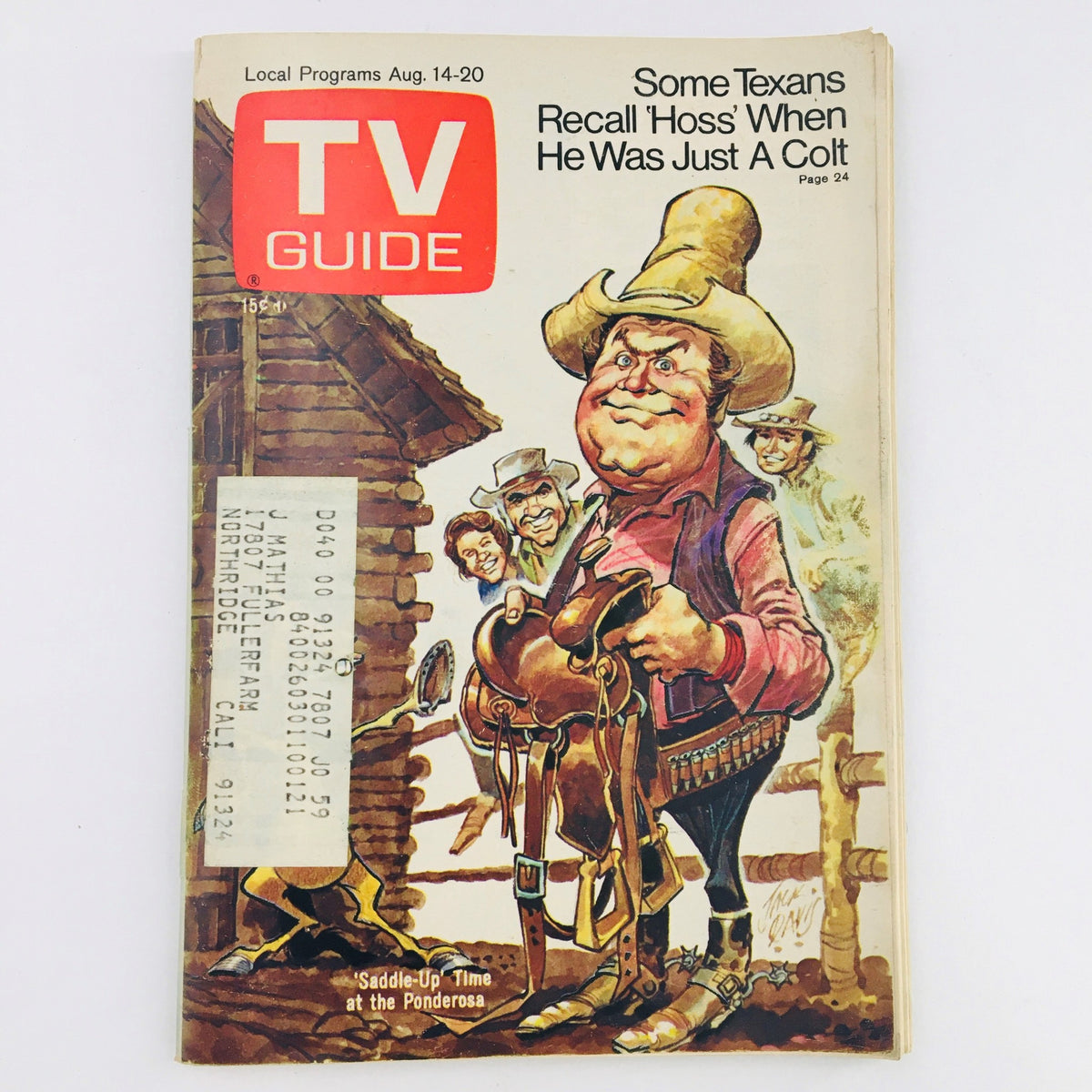 TV Guide August 14 1971 #959 featuring Mitch Vogel and Lorne Greene on the cover, depicting a cowboy scene with cartoonish character illustrations. The guide highlights local programming for the week.