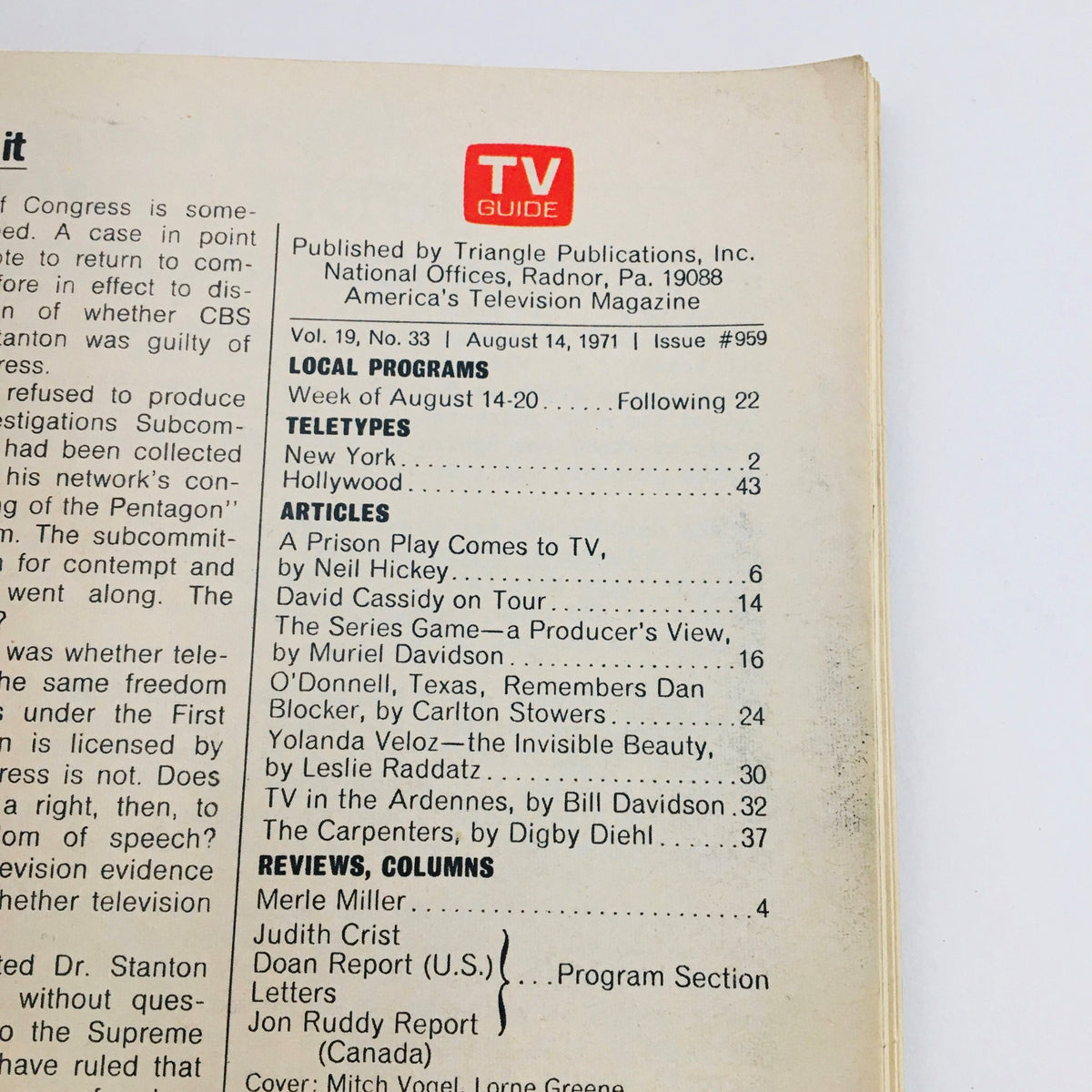 Back cover of TV Guide August 14 1971 #959 displaying articles and features including a TV program schedule and notable articles about television entertainment.