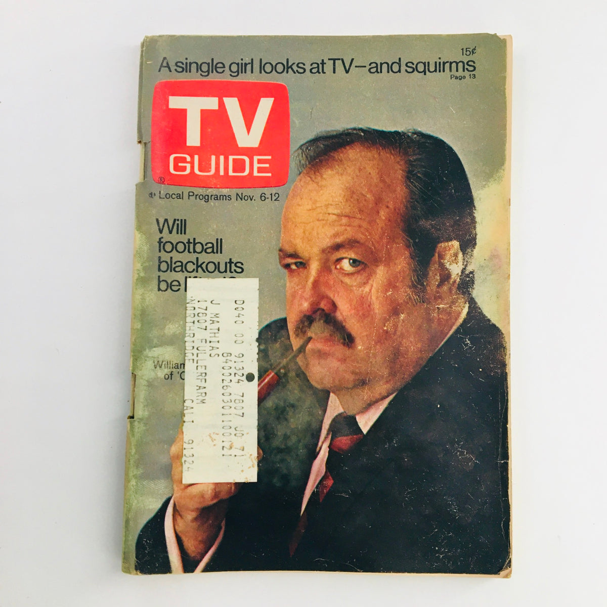 Cover of the TV Guide from November 6, 1971, featuring William Conrad of 'Cannon', Los Angeles CA, with a man's portrait and address label.
