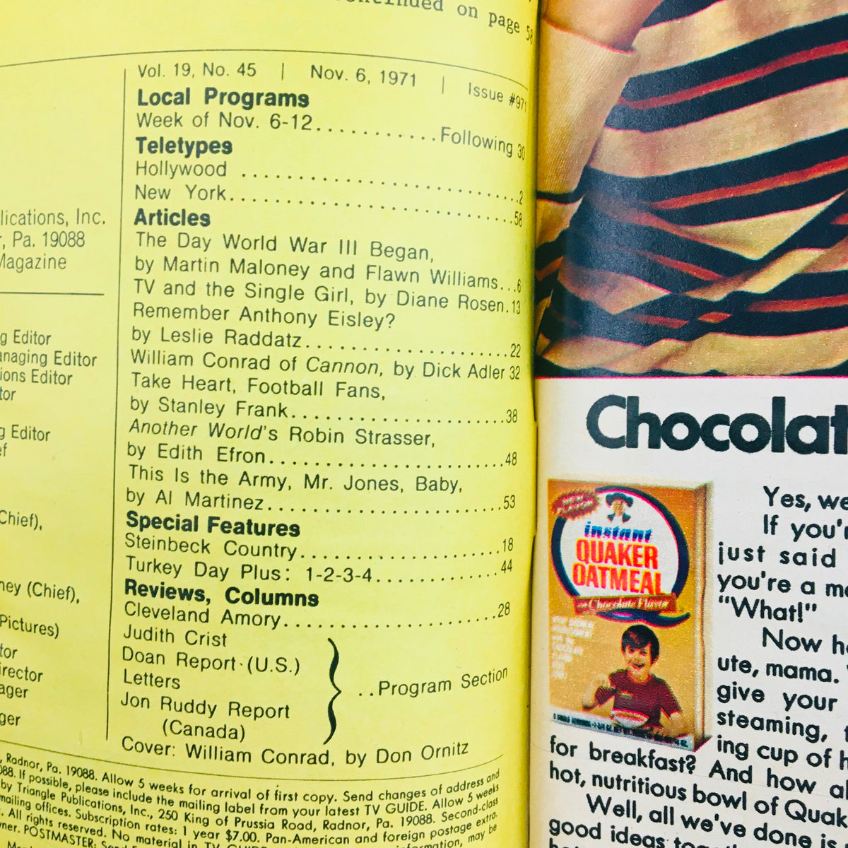 Interior page of the TV Guide from November 6, 1971, showcasing local programs and articles, including a spotlight on William Conrad.