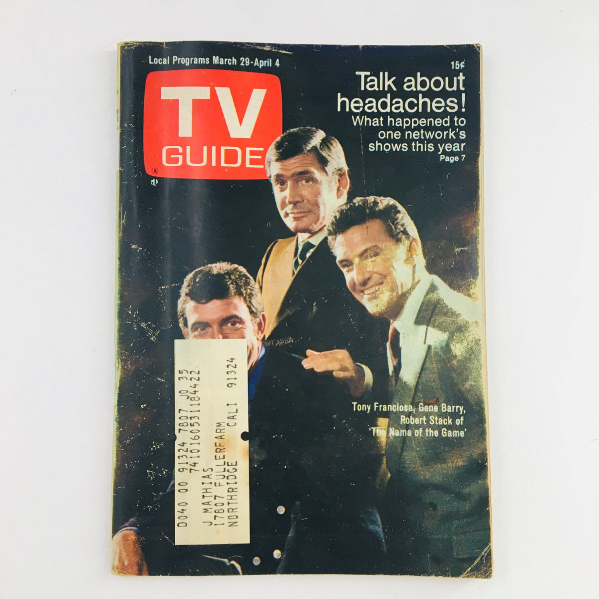 Vintage TV Guide from March 29, 1969, issue #835 featuring Tony Franciosa, Gene Barry, and Robert Stack, capturing television history.