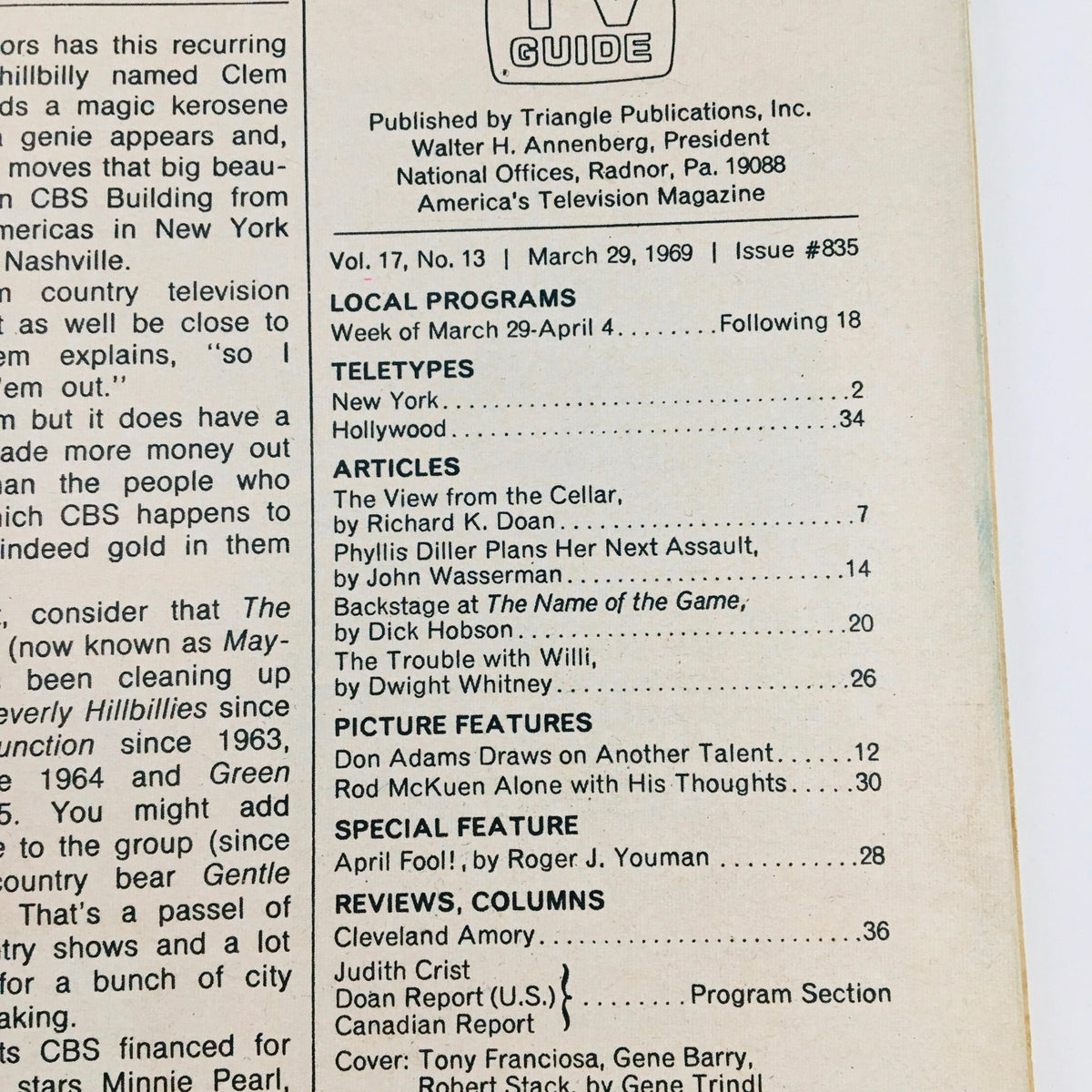 Inside page of the TV Guide from March 29, 1969, issue #835, detailing local programs and featured articles from the era.