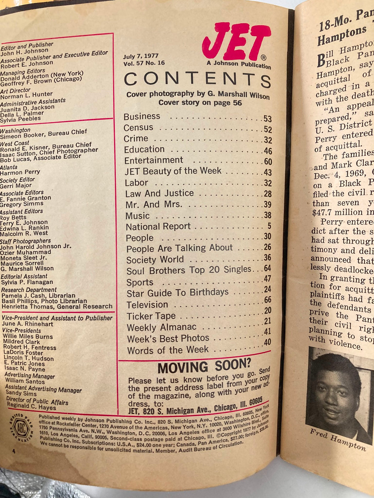 Contents page of Jet Magazine July 7, 1977, Vol 57 #16 outlining articles and features including politics, culture, and notable figures.