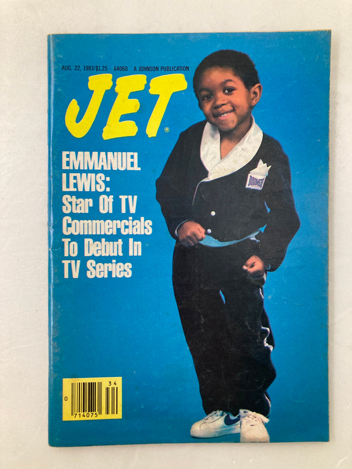 VTG Jet Magazine August 22 1983 Vol 64 #24 featuring Emmanuel Lewis on the cover, showcasing the headline about his debut in a new TV series. The magazine cover is bright blue with the title 'JET' prominently displayed.