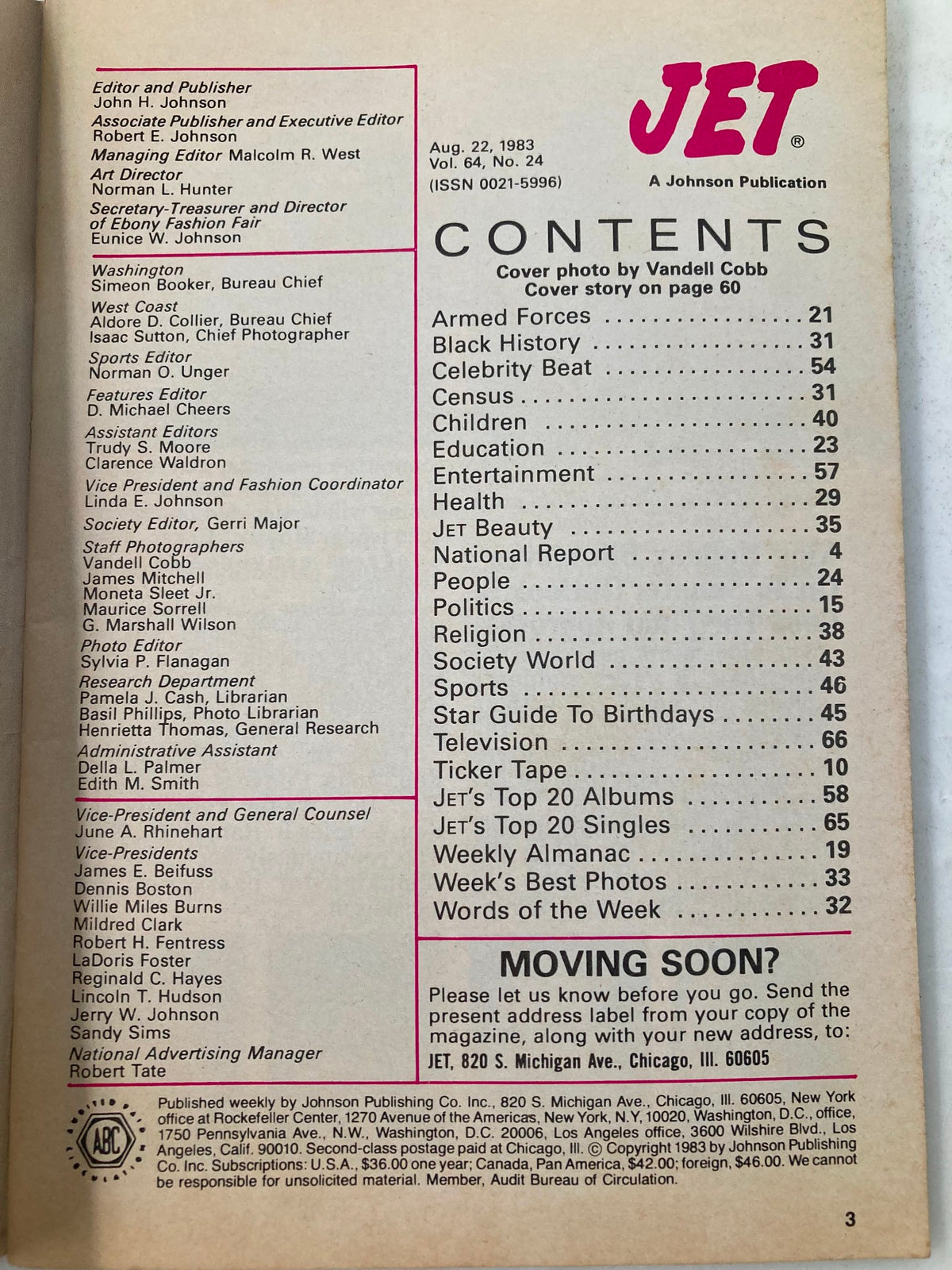 Inside page of the VTG Jet Magazine August 22 1983 Vol 64 #24, featuring the table of contents with various sections including Black History, Entertainment, and Celebrity Beat, indicating the magazine's diverse content.