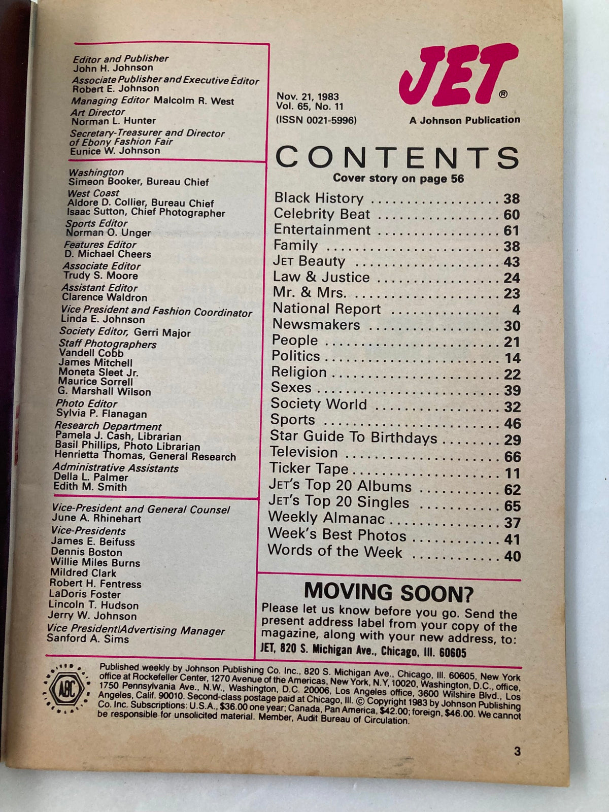 Contents page of VTG Jet Magazine November 21 1983 Vol 65 #11 listing various sections including Black History, Celebrity Beat, and Entertainment.