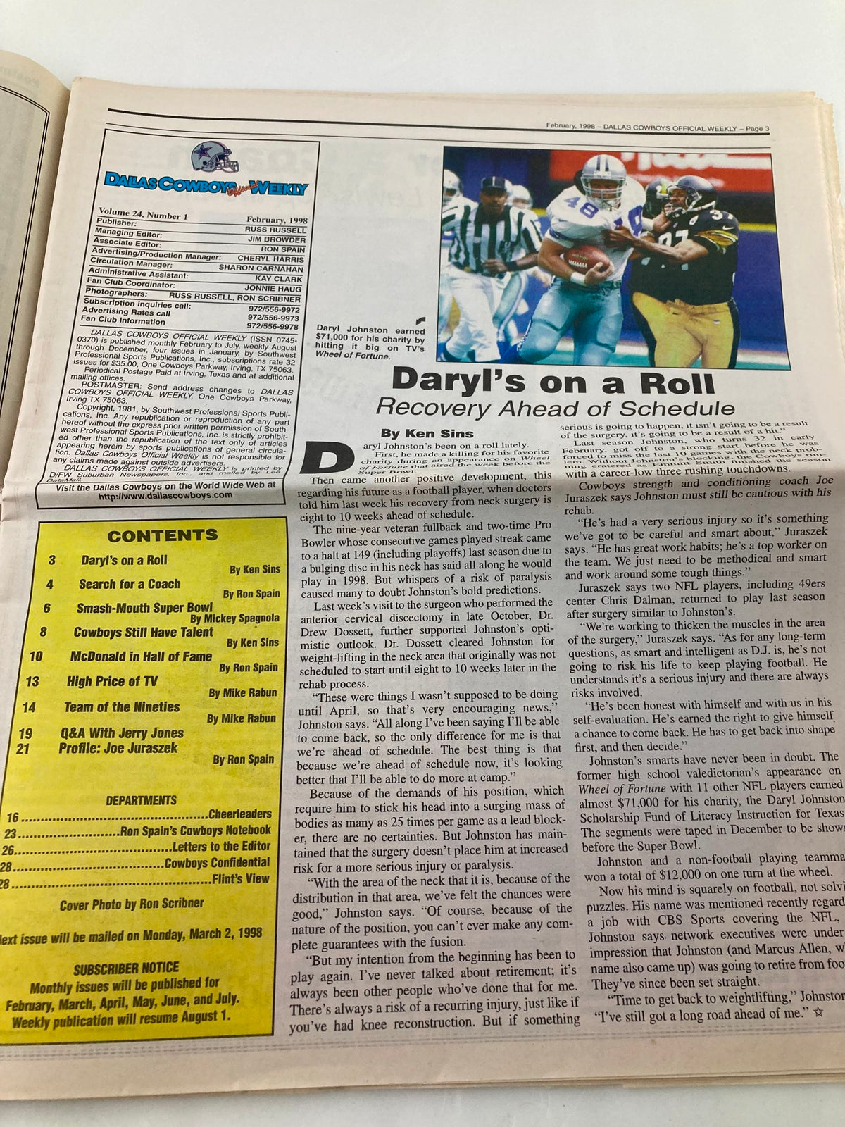 Dallas Cowboys Weekly Newspaper February 1998 Vol 24 #1 featuring an article by Ken Sins titled 'Daryl's on a Roll' discussing player recovery and statistics.