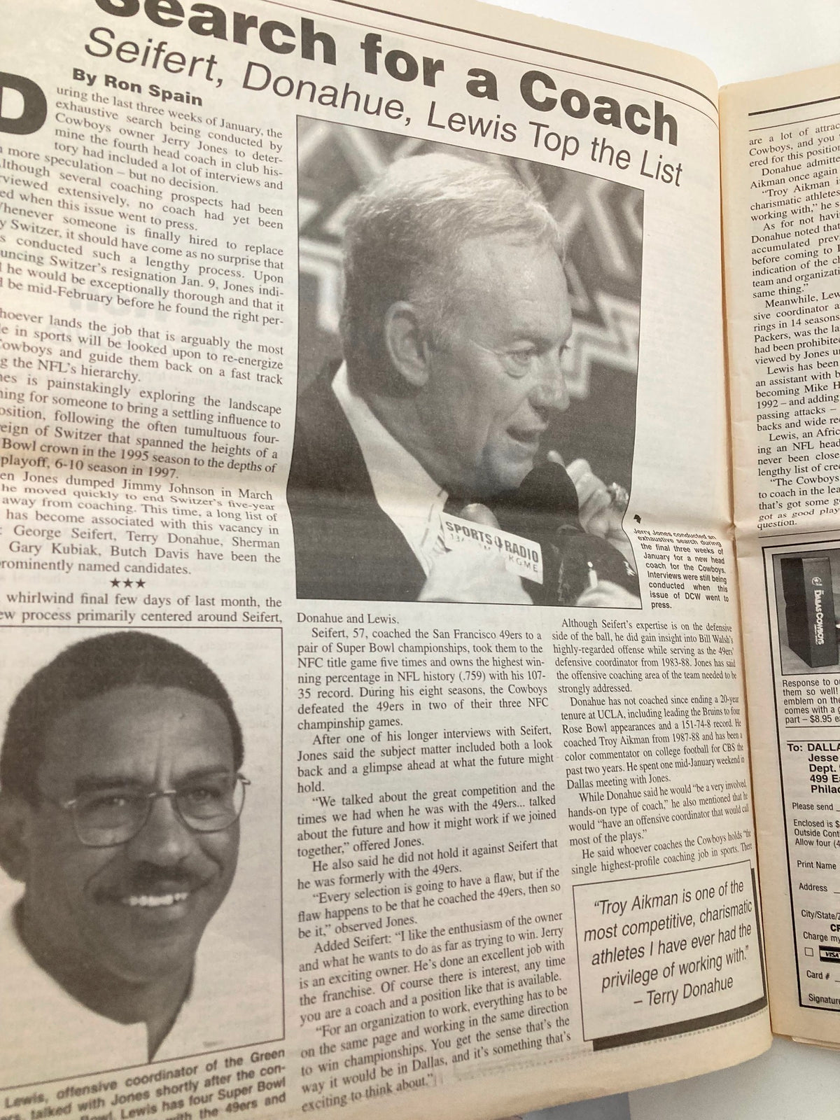 Dallas Cowboys Weekly Newspaper February 1998 Vol 24 #1 article by Ron Spain about the search for a new coach, highlighting prominent candidates and team management insights.