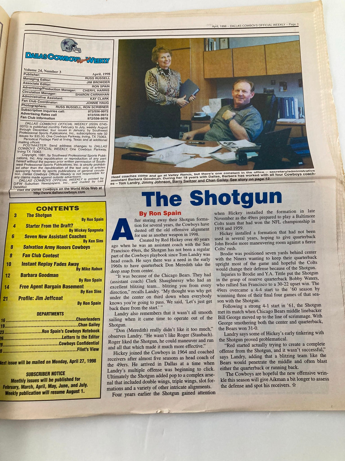 Interior page of the Dallas Cowboys Weekly Newspaper April 1998 Vol 23 #3, titled 'The Shotgun', featuring an article by Ron Spain with images of coaches discussing strategy.