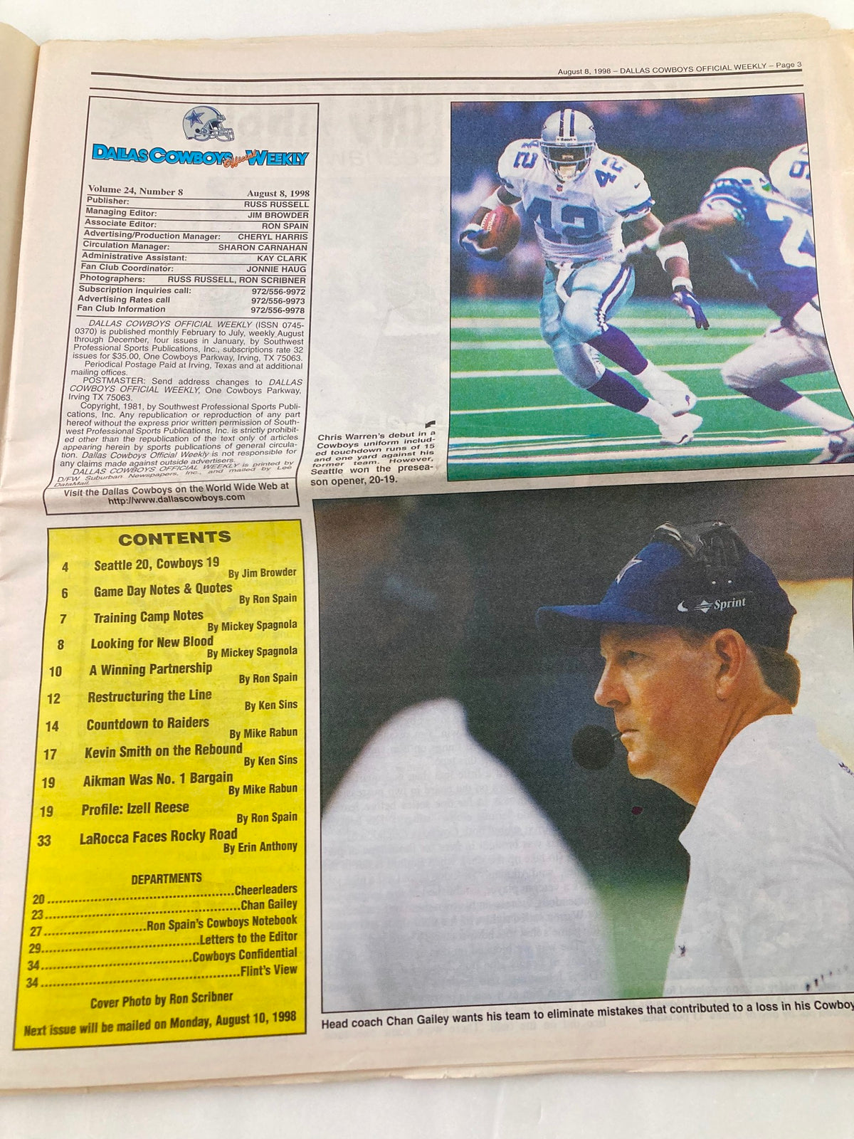 Dallas Cowboys Weekly Newspaper August 8 1998 Vol 24 #8 featuring player highlights, game content, and stats.