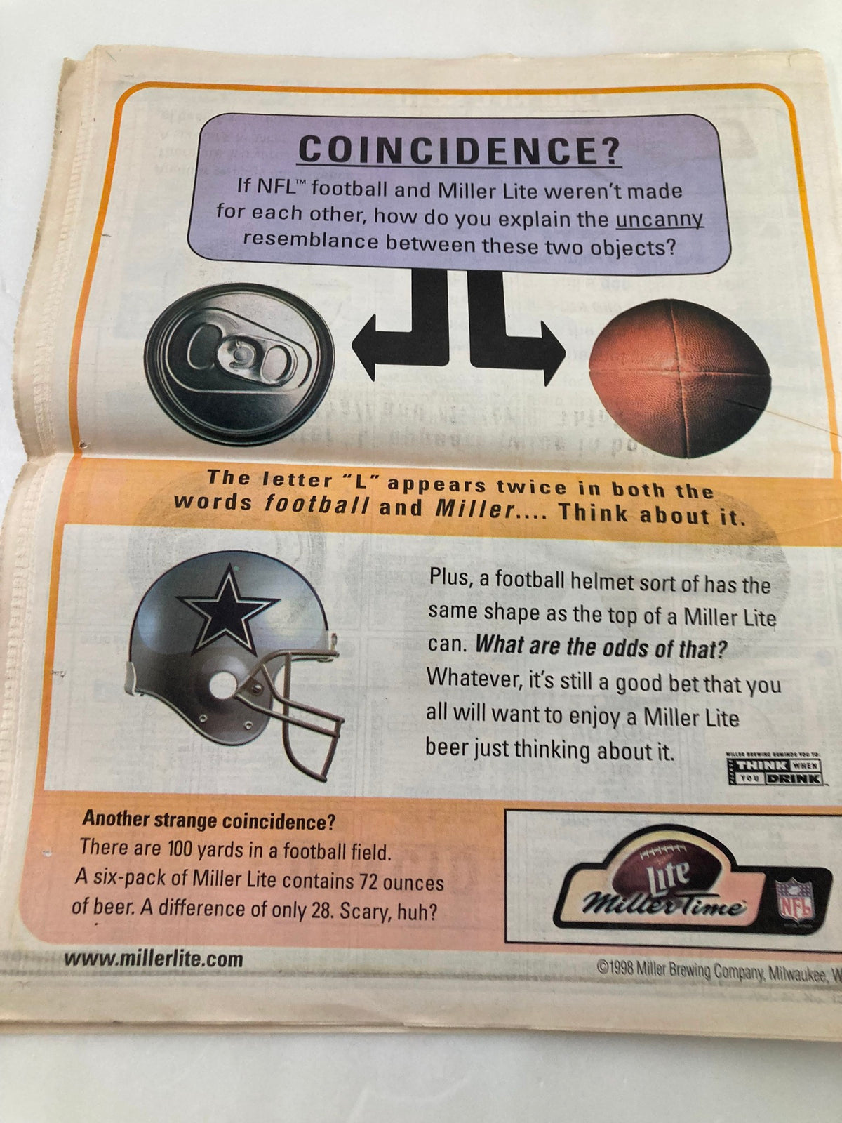 Dallas Cowboys Weekly Newspaper September 12 1998 Vol 24 #13 highlighting a humorous comparison between football and Miller Lite beer.