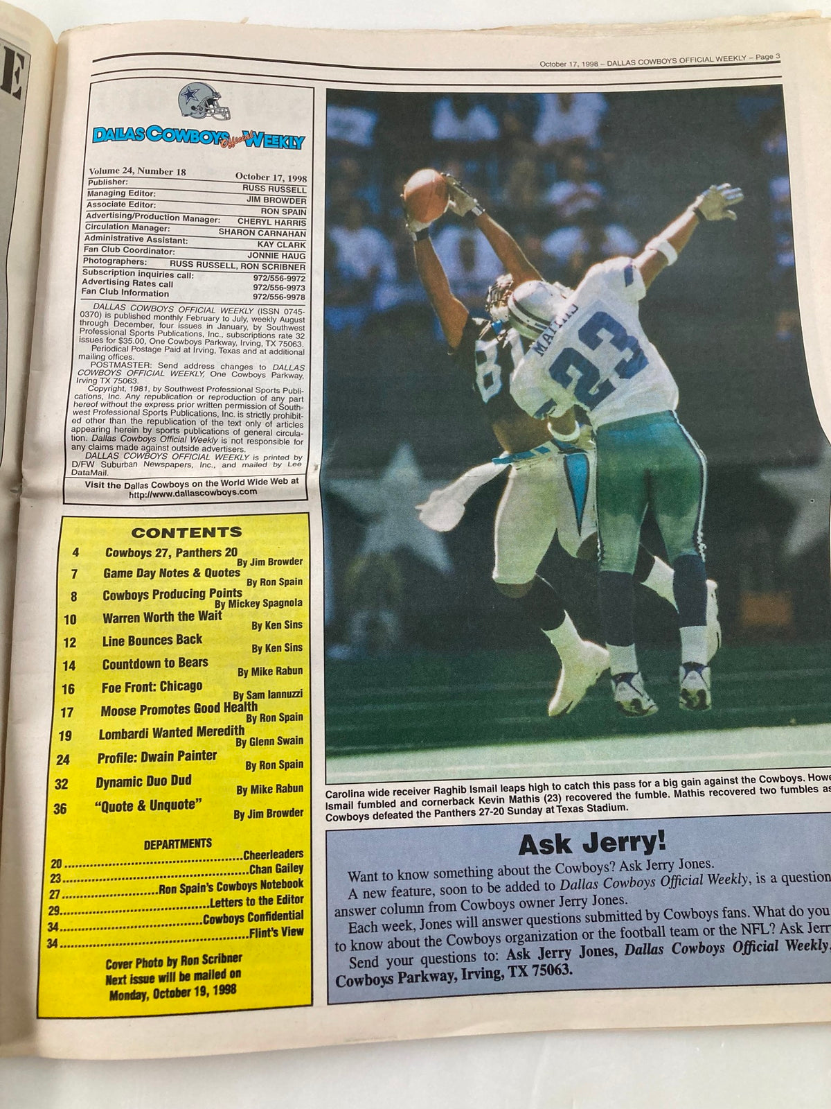 Inside page of the Dallas Cowboys Weekly Newspaper dated October 17, 1998, Volume 24, Issue 18, showing player statistics and content details.