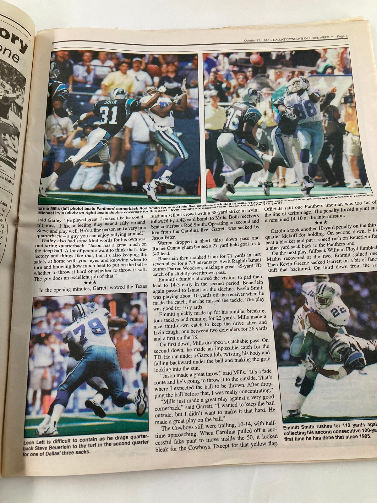 Dallas Cowboys Weekly Newspaper October 17 1998 Vol 24 #18 Jason Garrett showing an action shot of a football play with players in motion during a game.