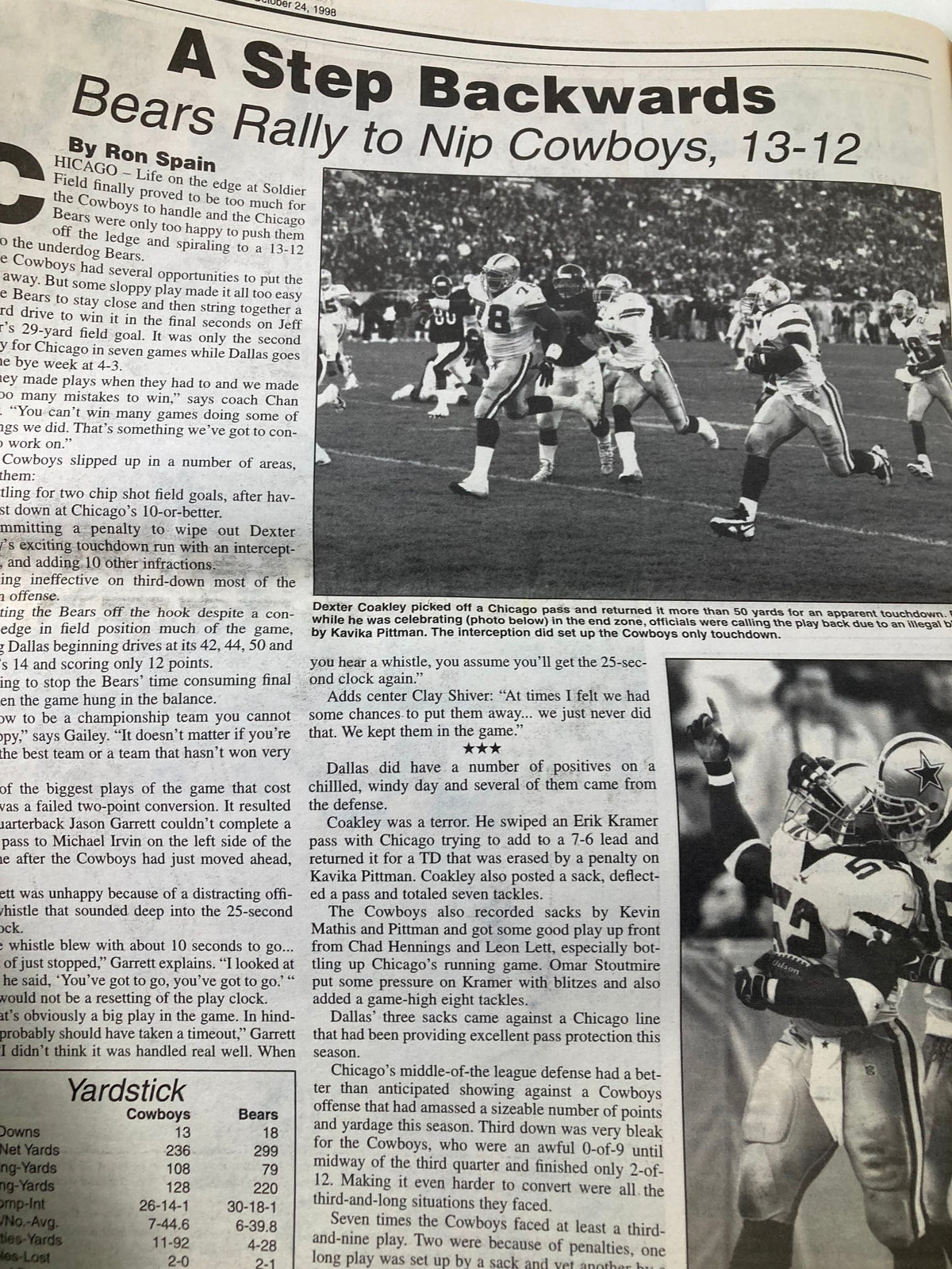 Article page from Dallas Cowboys Weekly Newspaper dated October 24, 1998, covering the Chicago Bears' narrow victory over the Cowboys.