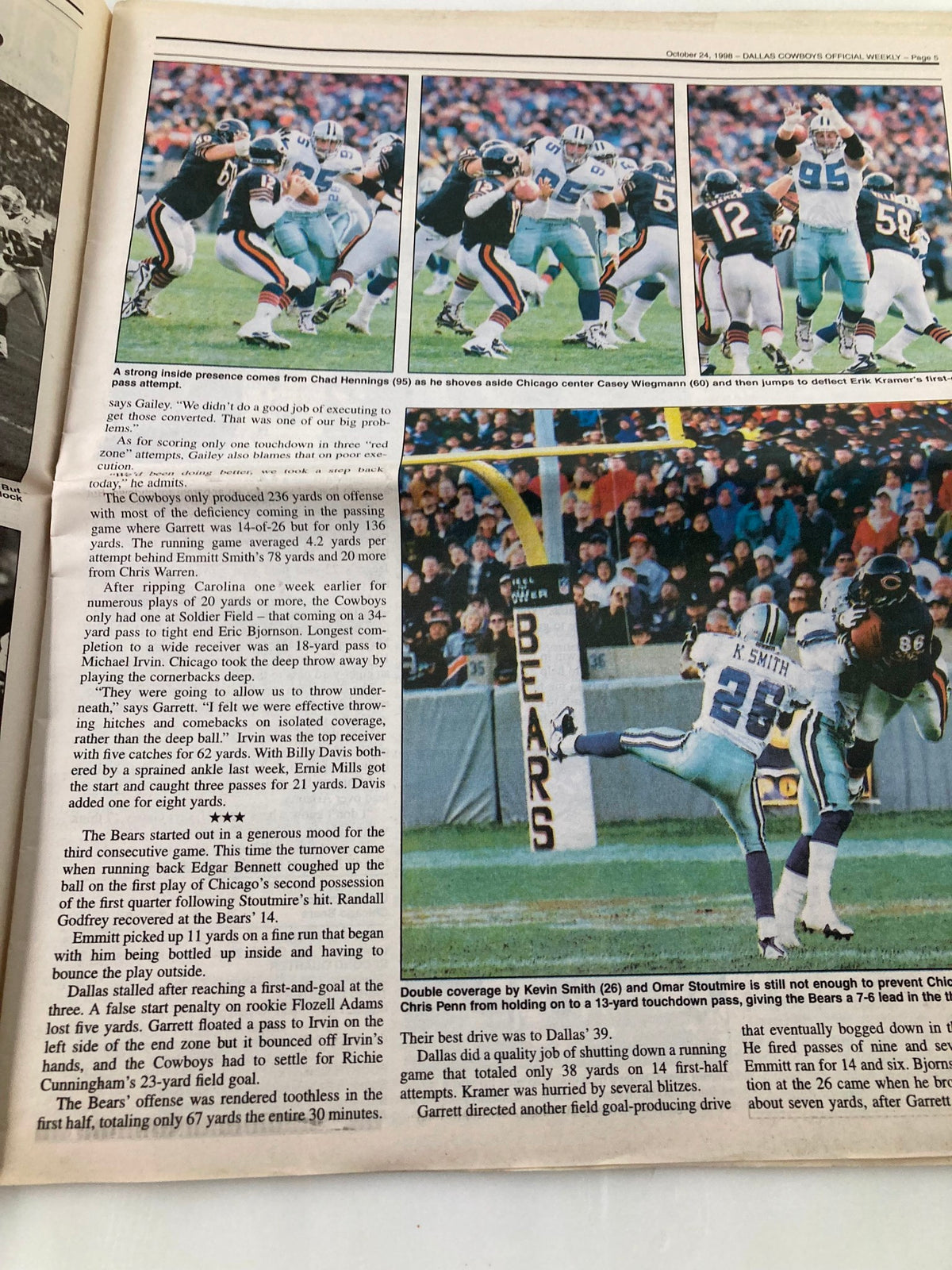 Additional article from Dallas Cowboys Weekly Newspaper, October 24, 1998, showcasing highlights of the game between the Cowboys and Bears with key play analysis.