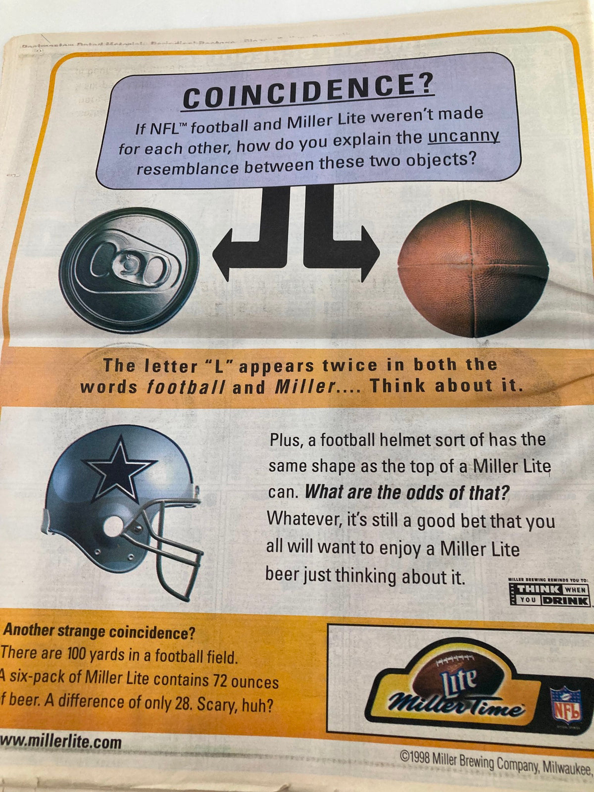 Dallas Cowboys Weekly Newspaper October 24 1998 Vol 24 #19 featuring a humorous advertisement for Miller Lite, highlighting the coincidences between NFL football and the beer brand's promotional ideas.