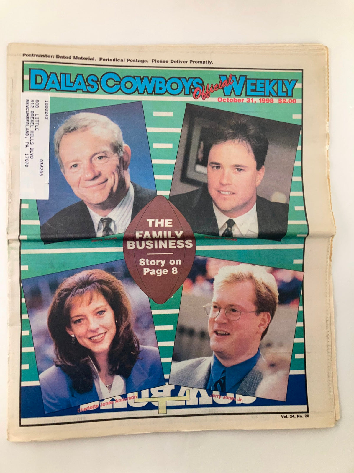Dallas Cowboys Weekly Newspaper cover from October 31, 1998, featuring a collage of four individuals with the title 'The Family Business', Volume 24 #20.