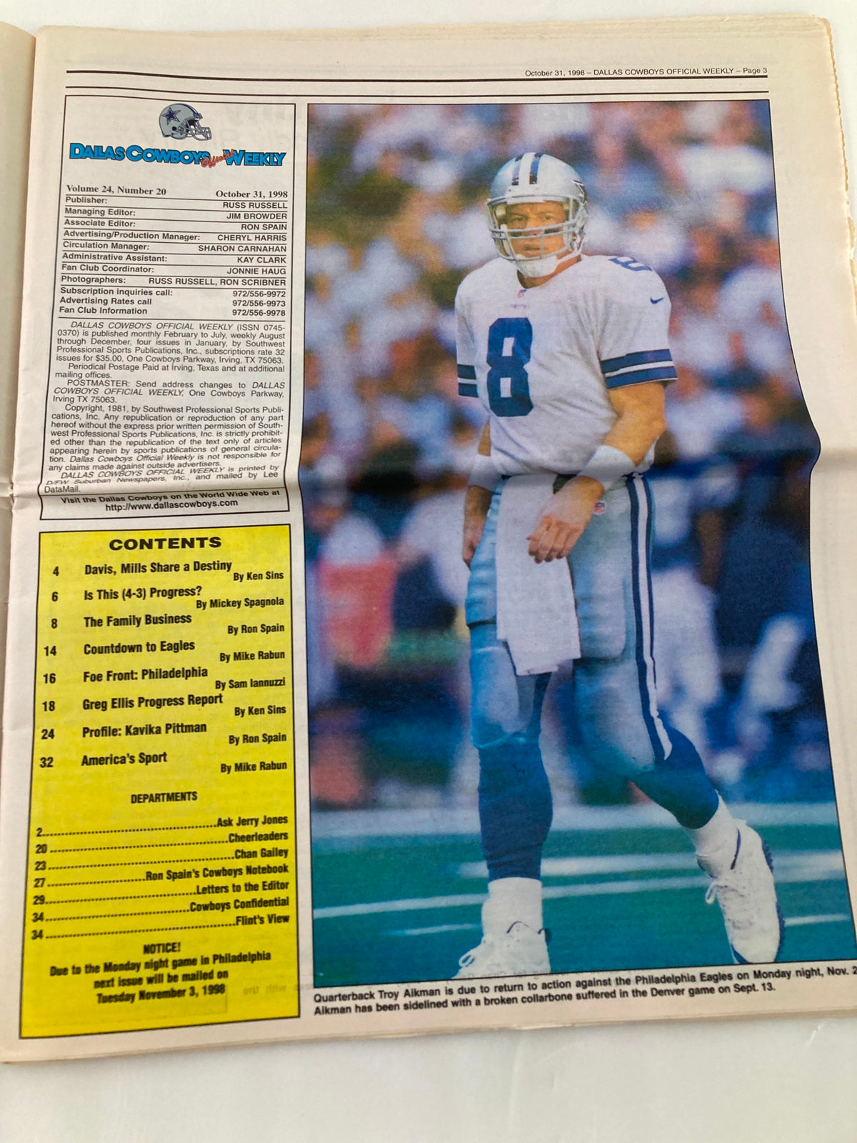 Interior page of the Dallas Cowboys Weekly Newspaper from October 31, 1998, showcasing content including a photo of quarterback Troy Aikman.