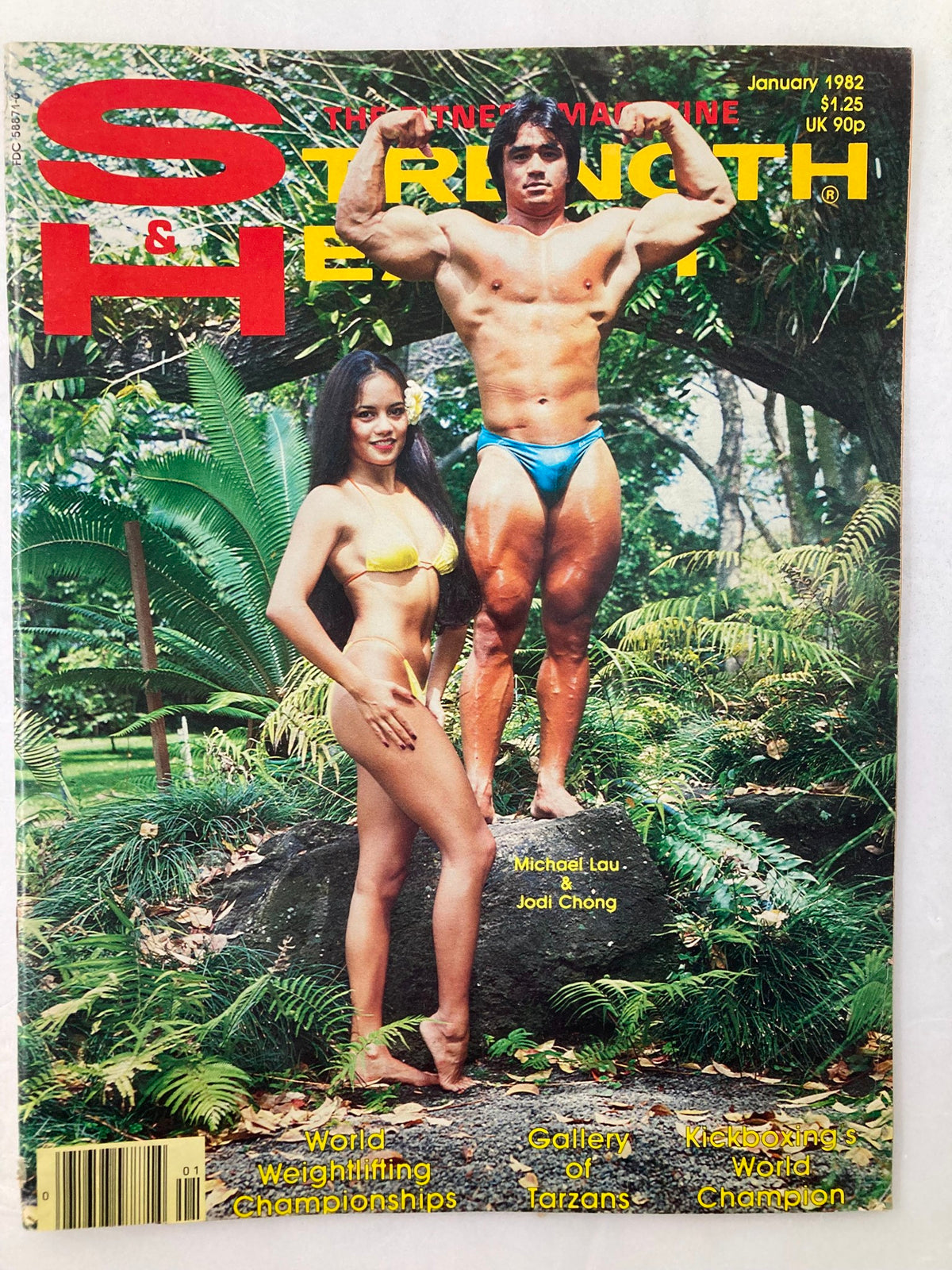 Cover of VTG Strength & Health Magazine January 1982 Vol 50 #1 featuring Michael Lau and Jodi Chong in a tropical setting, highlighting fitness culture of the early 1980s.