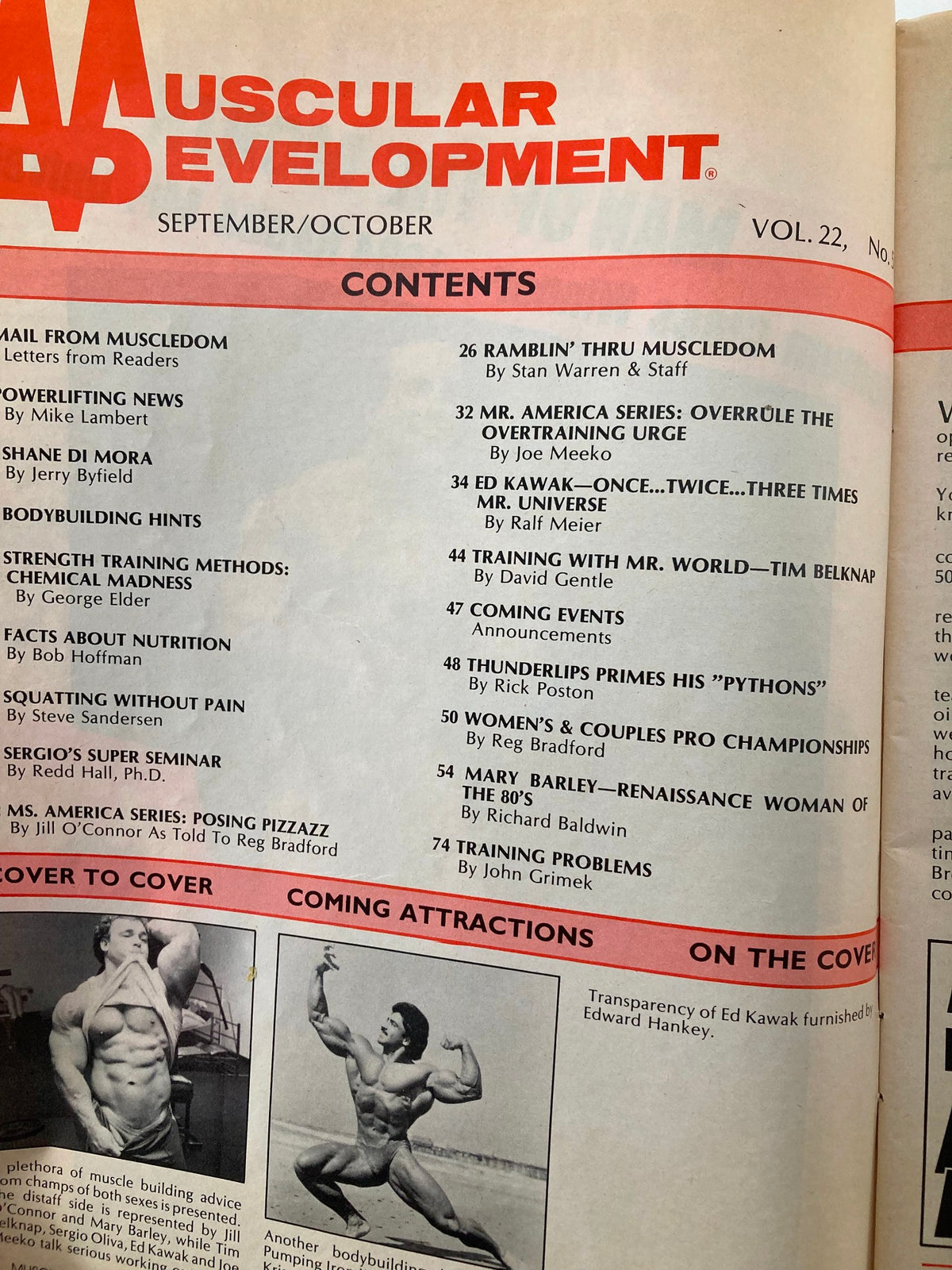 Contents page of VTG Muscular Development Magazine October 1985, displaying the table of contents with articles related to bodybuilding and fitness features.