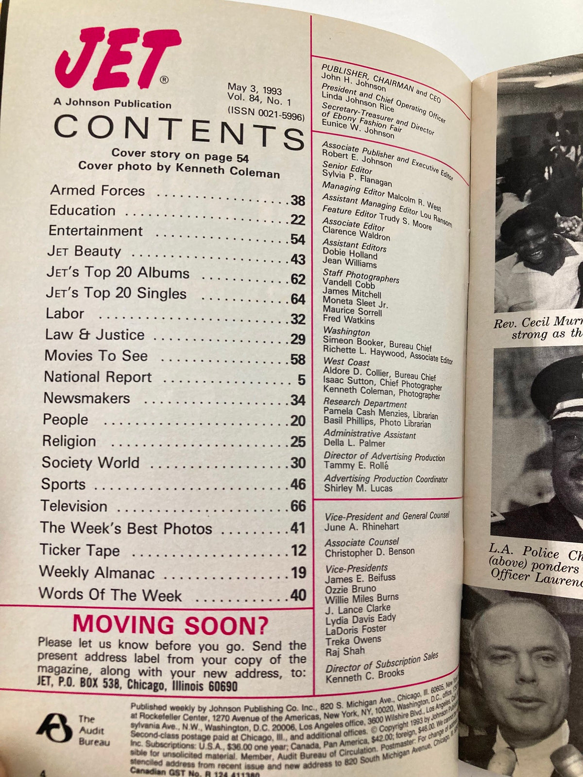 Contents page of VTG Jet Magazine May 3, 1983, Vol 84 #1 listing articles and features including entertainment, music charts, and social issues.