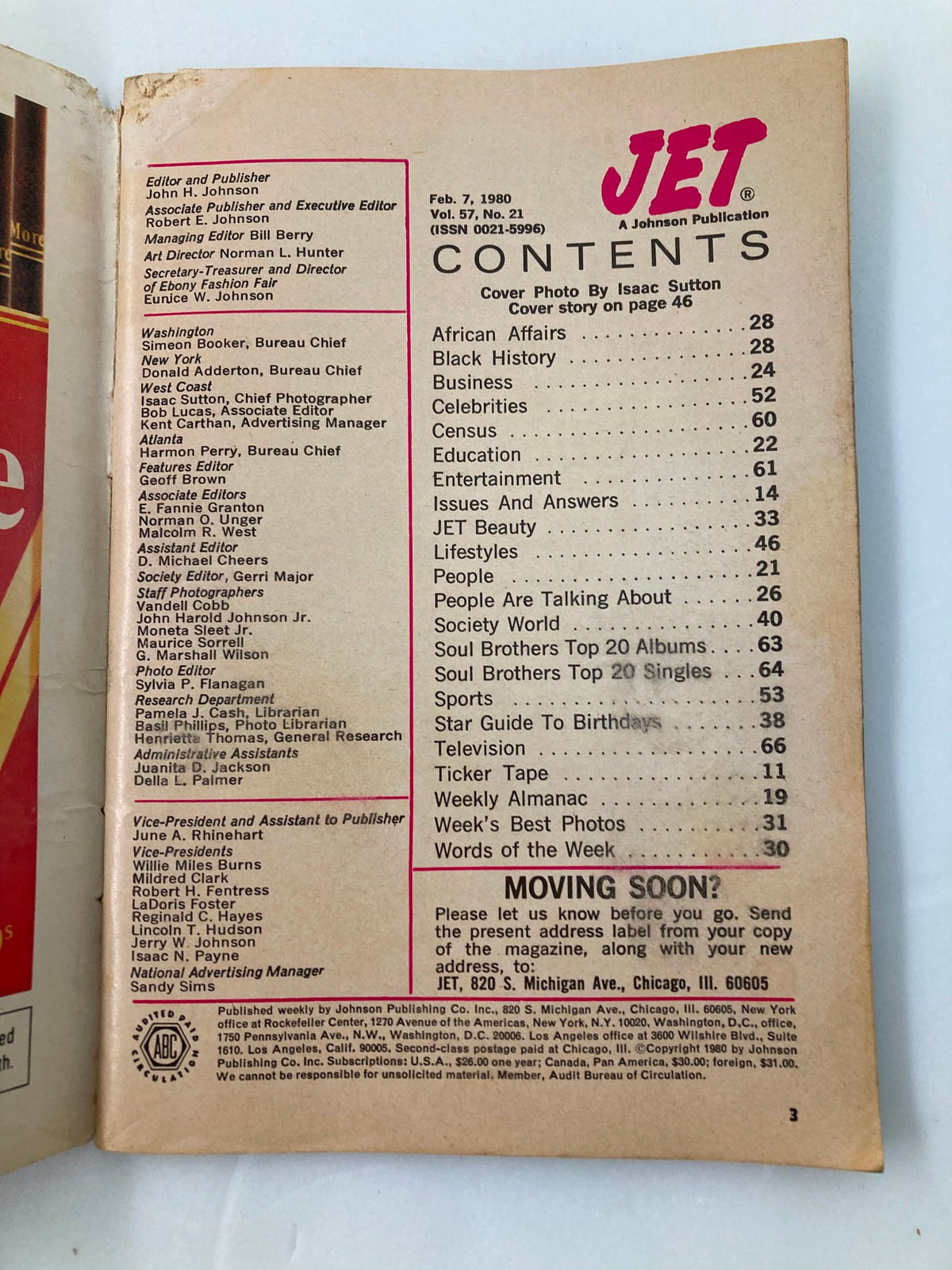 Contents page of VTG Jet Magazine February 7 1980 Vol 57 #21 Barbara McNair No Label, featuring editor information and article listings.