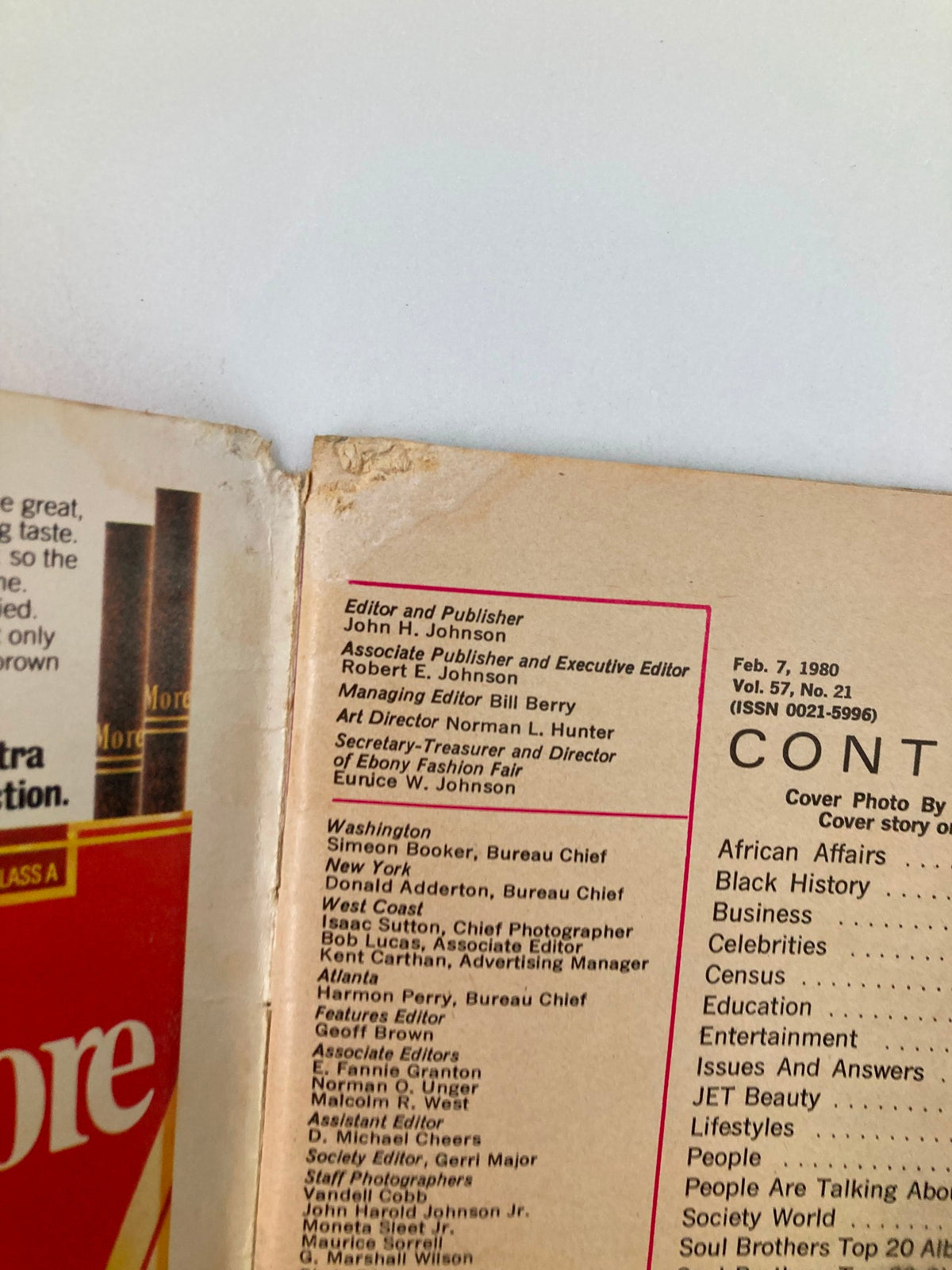 Close-up of the Contents of VTG Jet Magazine February 7 1980 Vol 57 #21 Barbara McNair No Label, detailing editorial staff and topics covered.