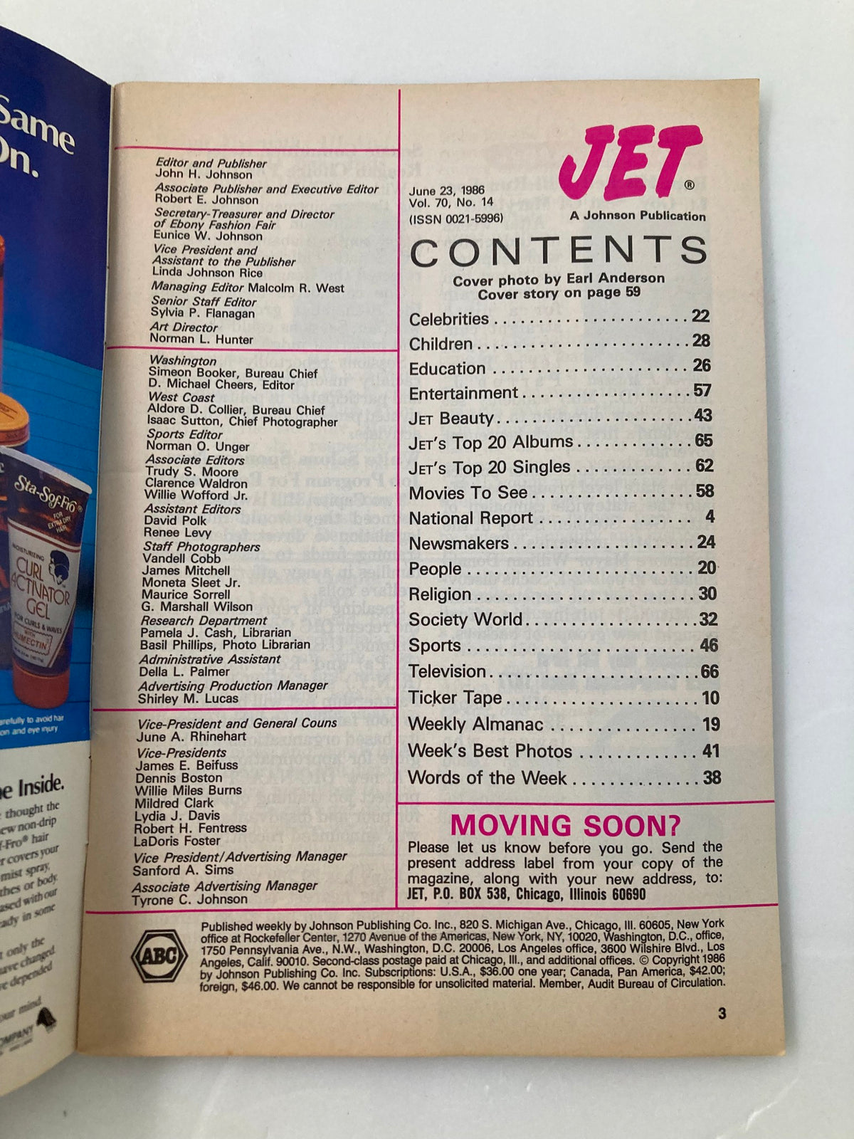 Inside contents page of VTG Jet Magazine June 23 1986 Vol 70 #14 showing the editorial team and list of features including celebrities, education, entertainment, and more.