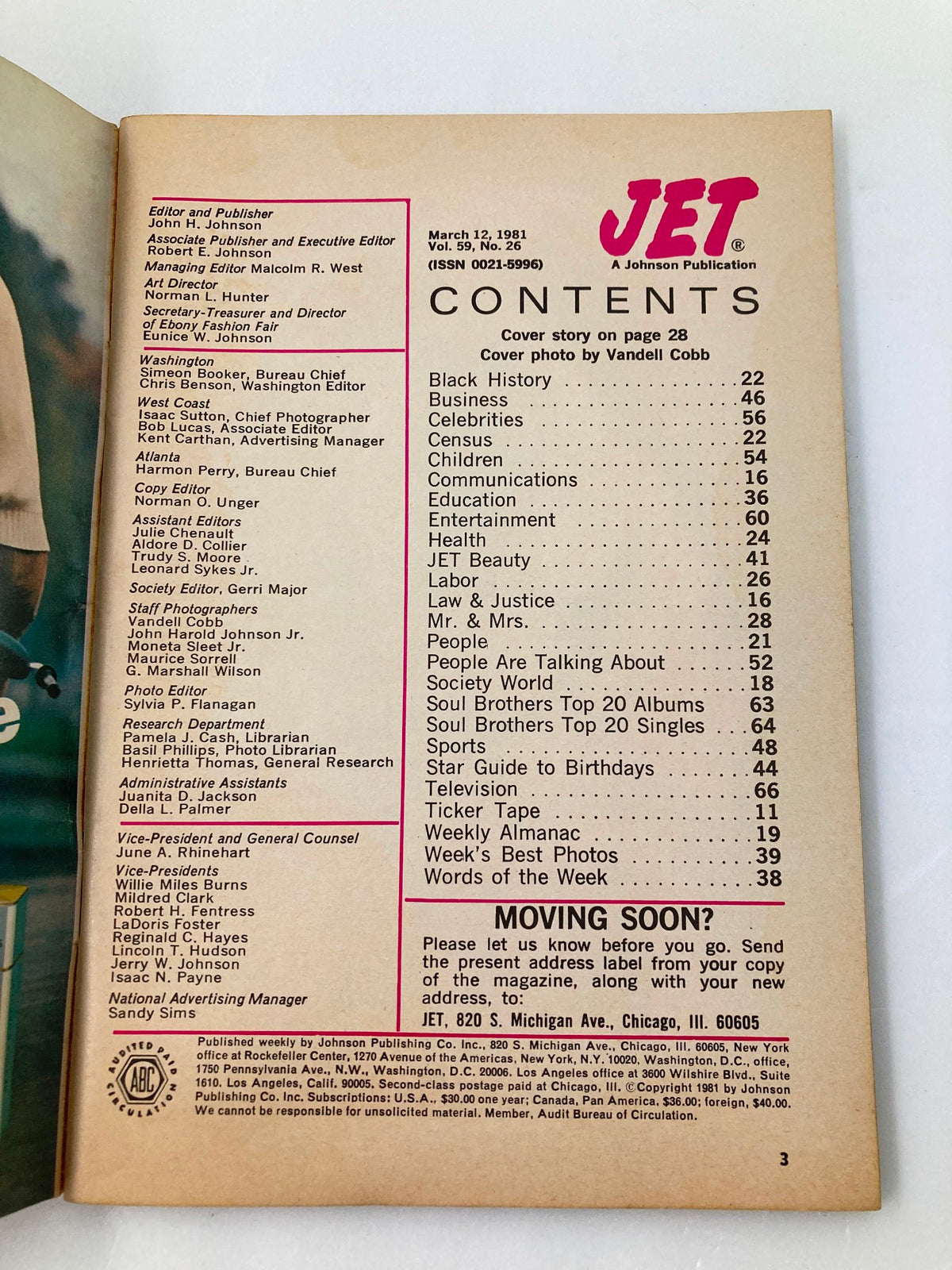 Inside contents page of VTG Jet Magazine March 12 1981 Vol 59 #26, detailing articles and featured stories, emphasizing the editorial team and sections within the magazine.