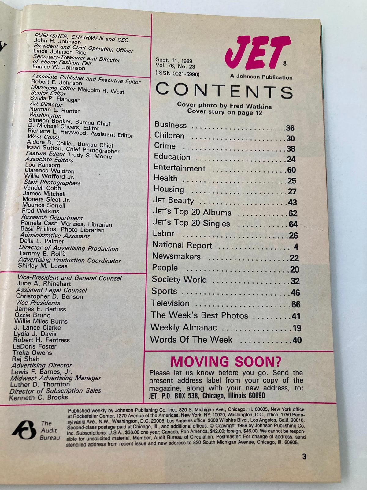 Contents page of VTG Jet Magazine September 11, 1989, Vol 76 #23, showcasing various sections including business, education, and culture.