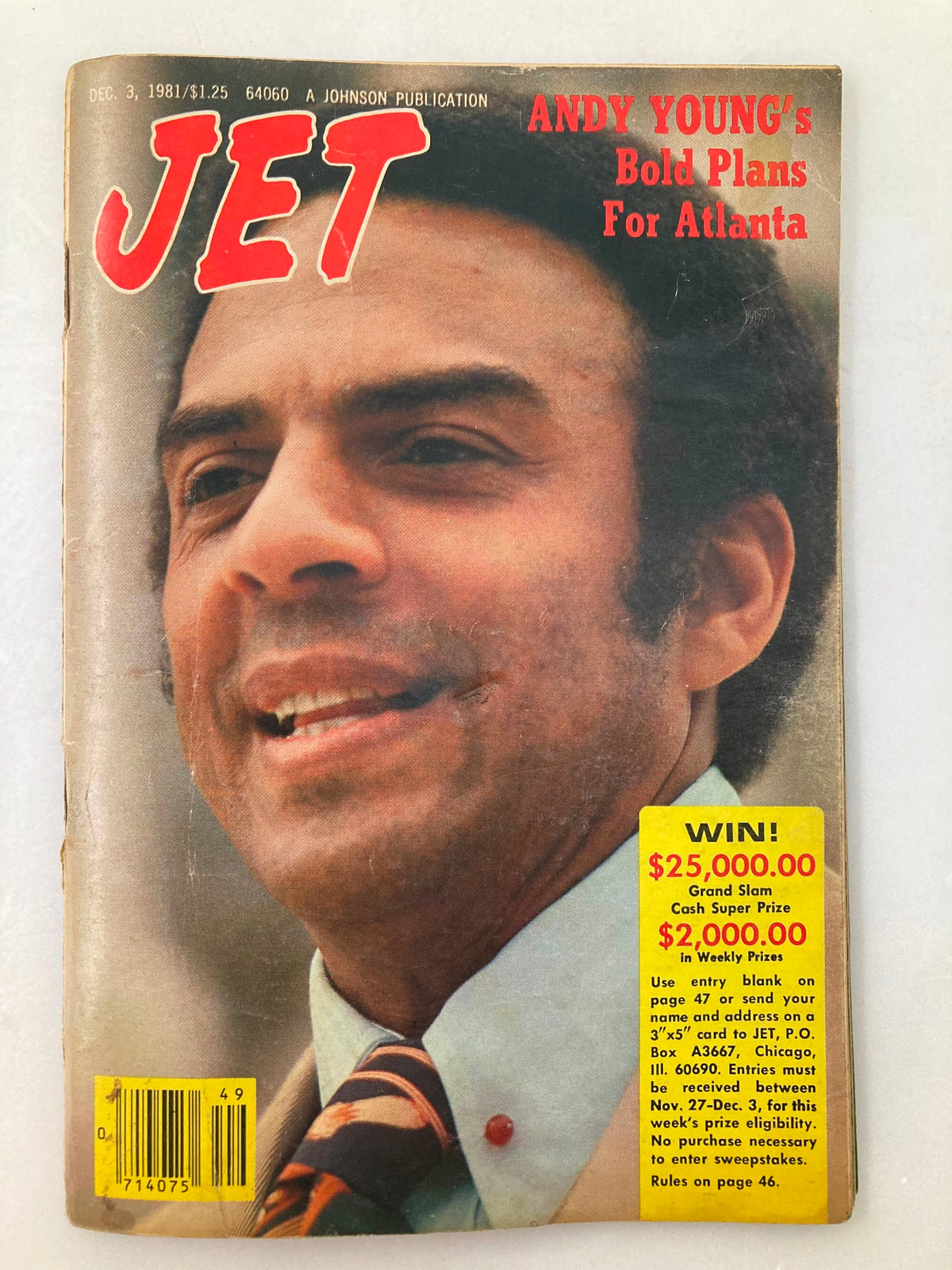 Cover of VTG Jet Magazine December 3, 1981, Vol 61 #11 featuring Andy Young with the headline 'ANDY YOUNG's Bold Plans For Atlanta', showcasing wear, a plastic protective cover, and a promotional contest with cash prizes.