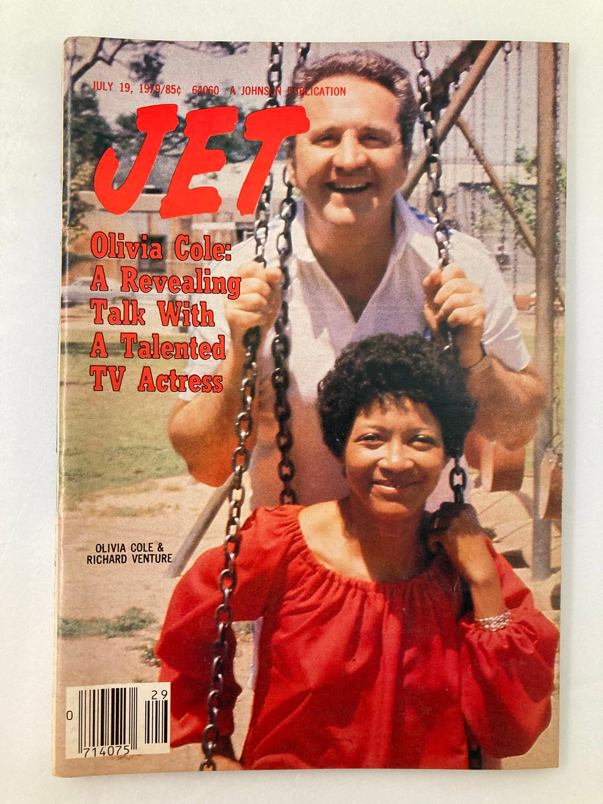 VTG Jet Magazine July 19 1979 Vol 56 #18 featuring Olivia Cole and Richard Venture on the cover, showcasing a photo of them on swings in a park setting.
