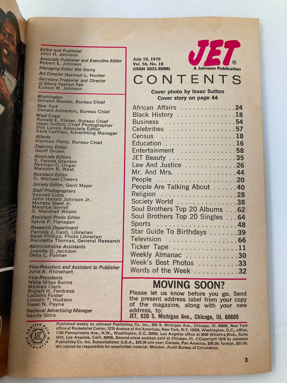 Contents page of VTG Jet Magazine July 19 1979 Vol 56 #18 listing articles and features including African Affairs, Black History, and Celebrity interviews.