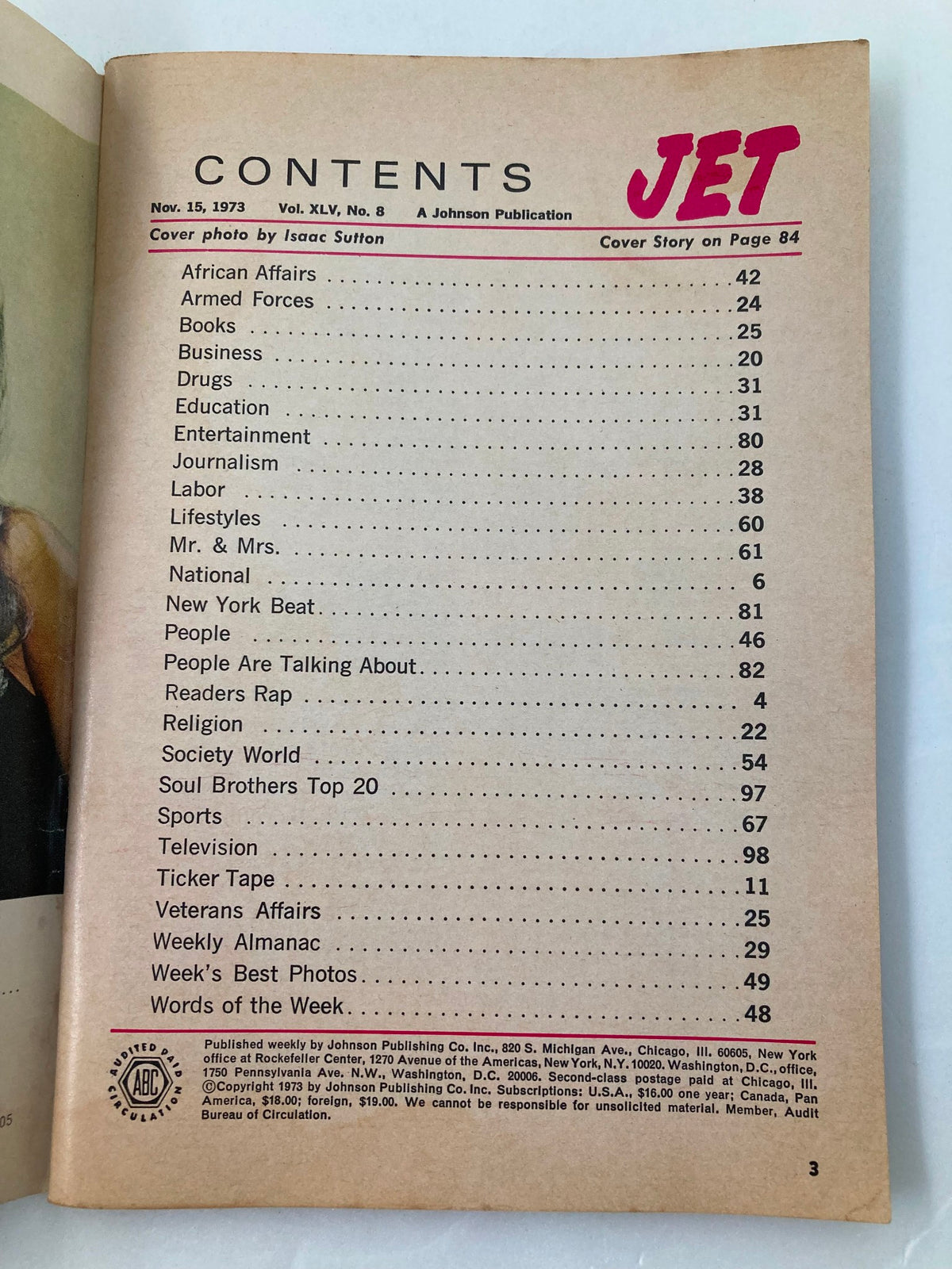 Contents page of VTG Jet Magazine November 15 1973 Vol 45 #8 featuring articles on African Affairs, Entertainment, Health, and more. Includes cover photo by Isaac Sutton.