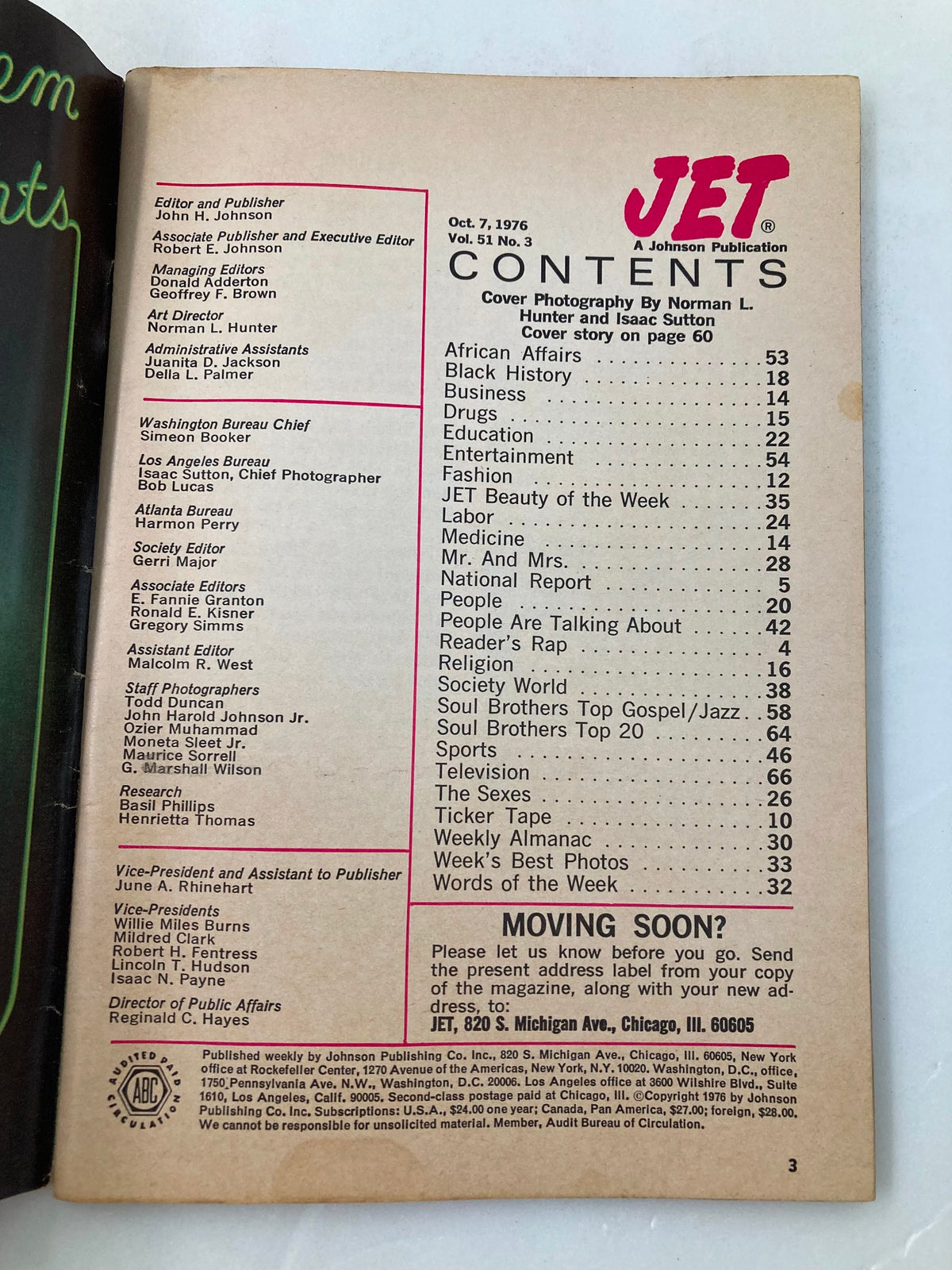 Contents page from VTG Jet Magazine October 7 1976, Vol 51 #3, detailing articles and features including sections on African Affairs, Black History, and Music.