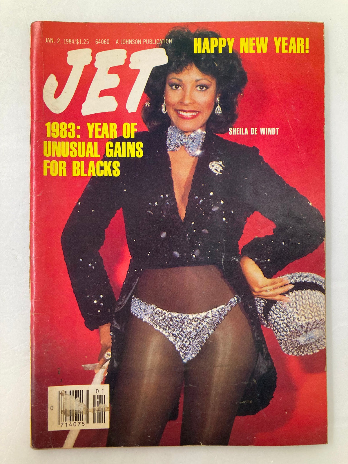 Cover of VTG Jet Magazine January 2, 1984, Vol 65 #17 featuring Sheila De Windt with the headline 'HAPPY NEW YEAR! 1983: YEAR OF UNUSUAL GAINS FOR BLACKS'.